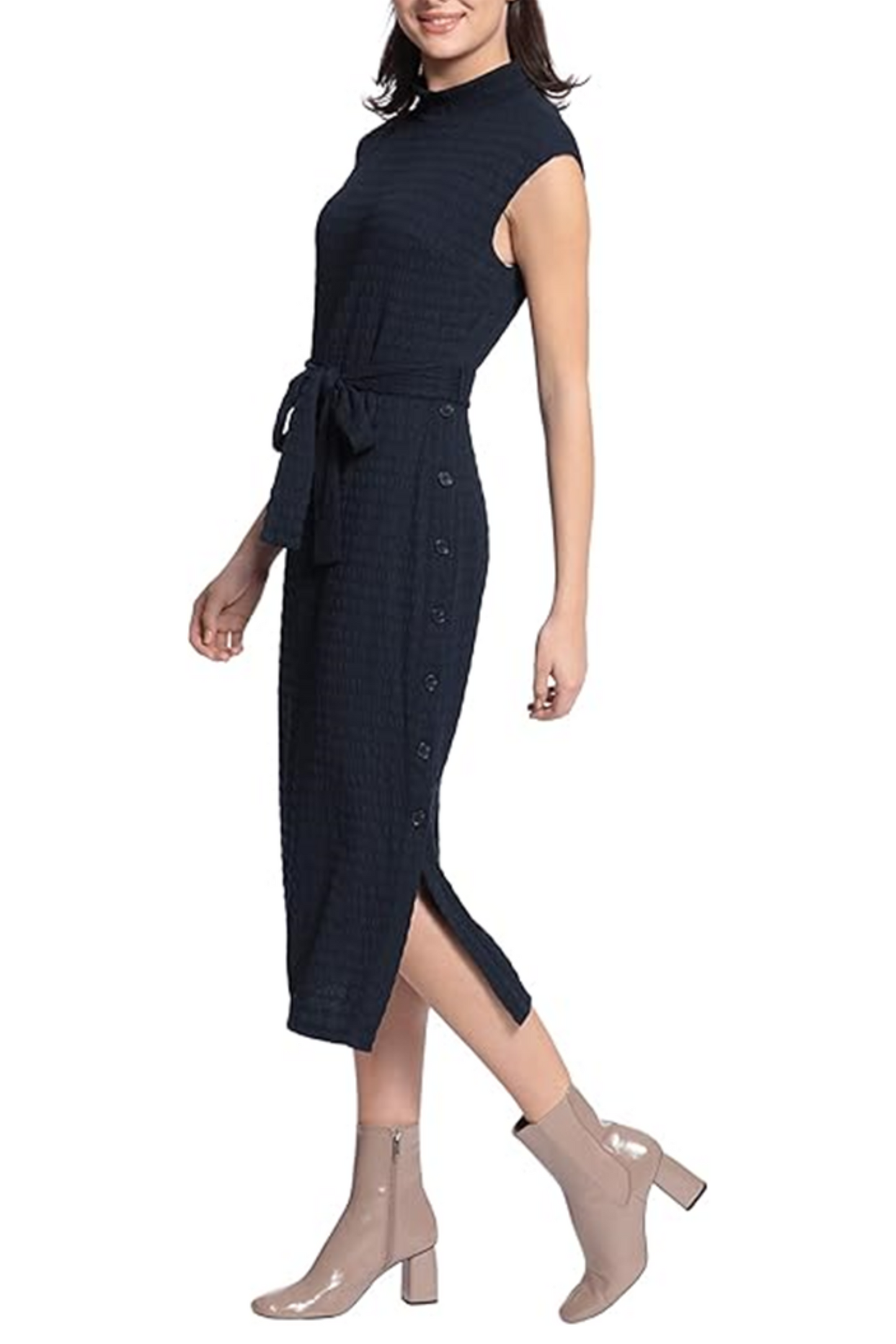 Maggy London Cap Sleeve Mock Neck Belted Dress