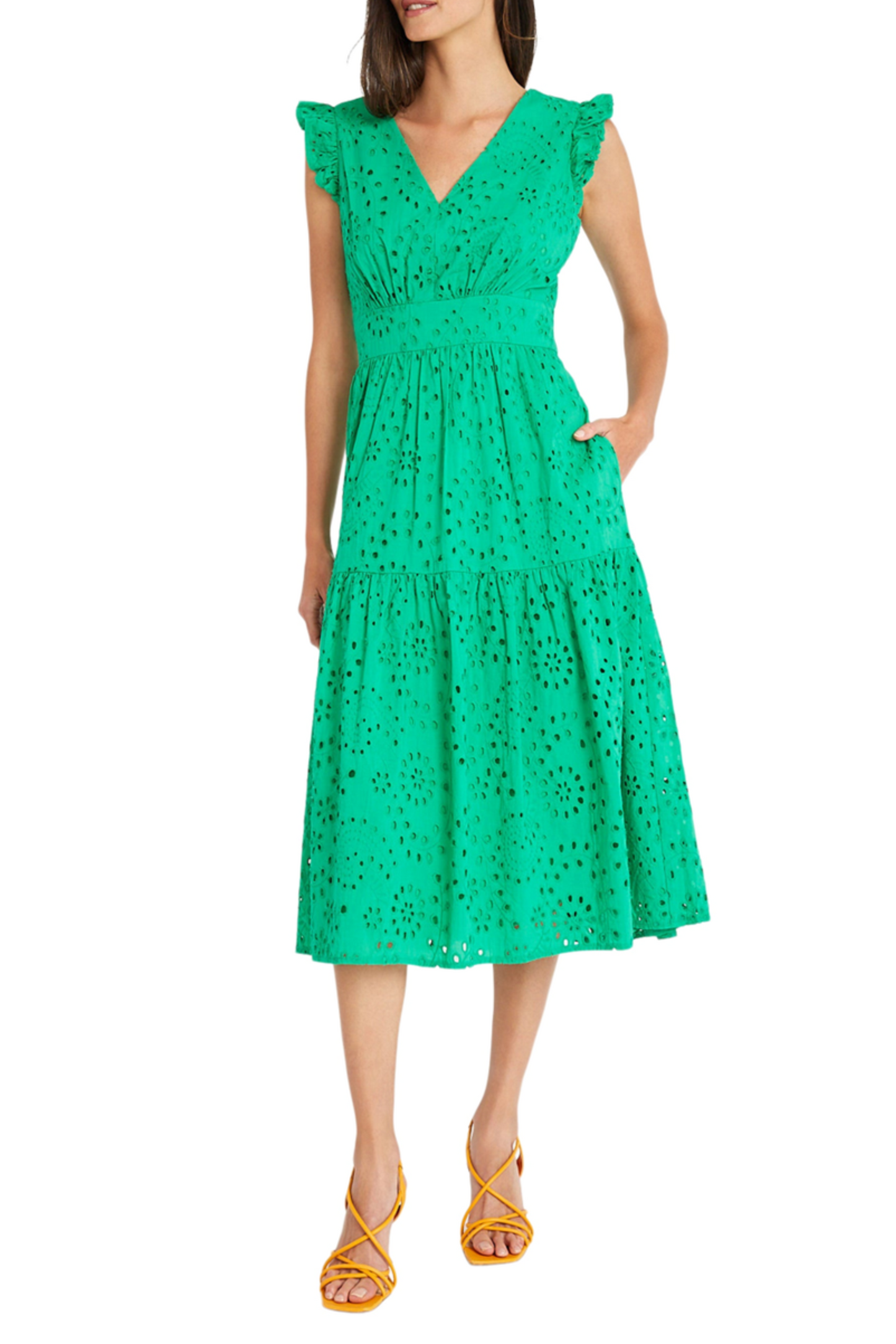 Maggy London Cap Sleeve Eyelet Tiered Midi Dress