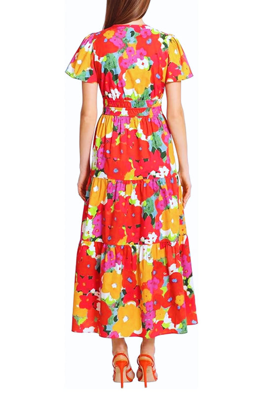 Maggy London Short Sleeve Floral Tiered Maxi Dress