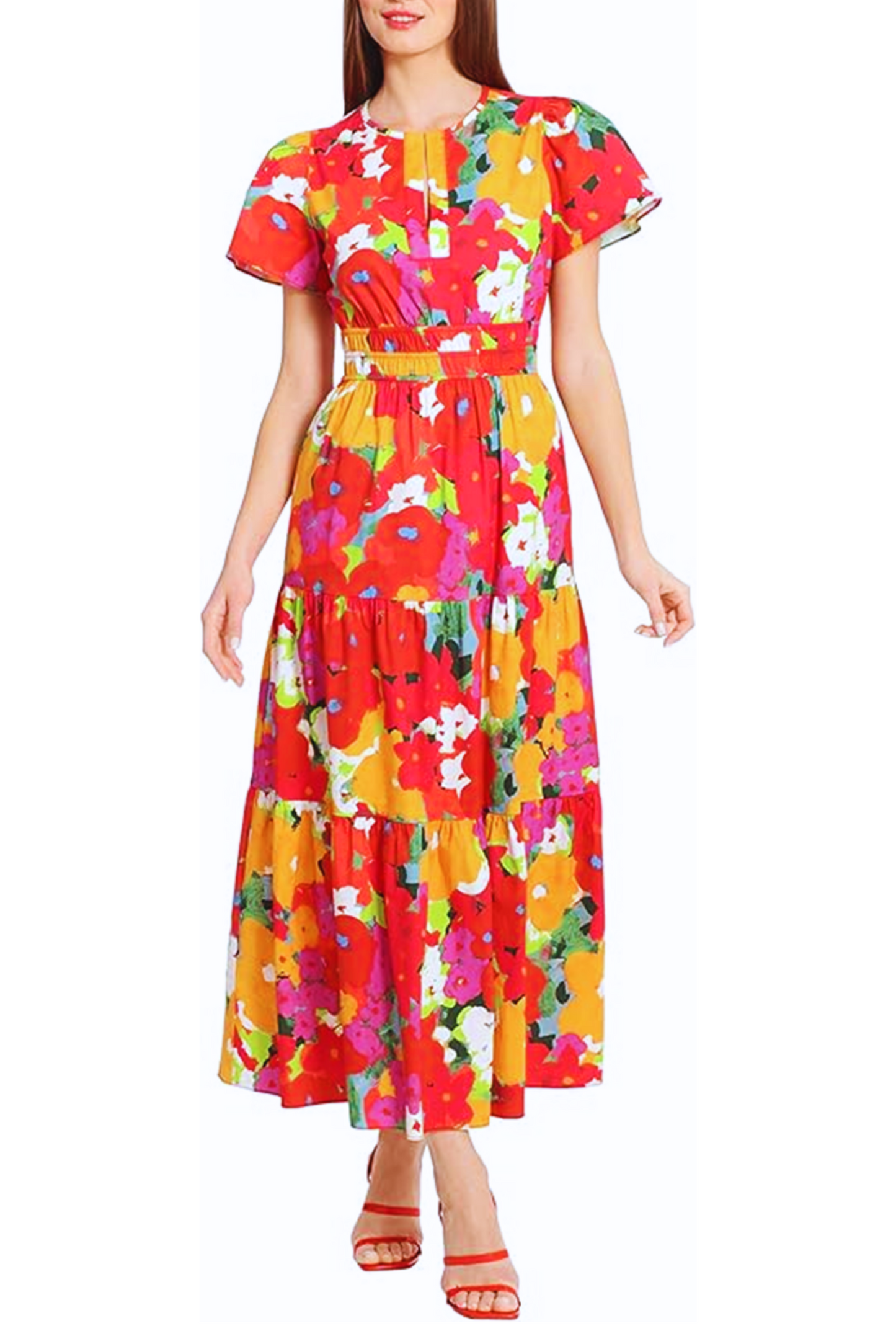 Maggy London Short Sleeve Floral Tiered Maxi Dress