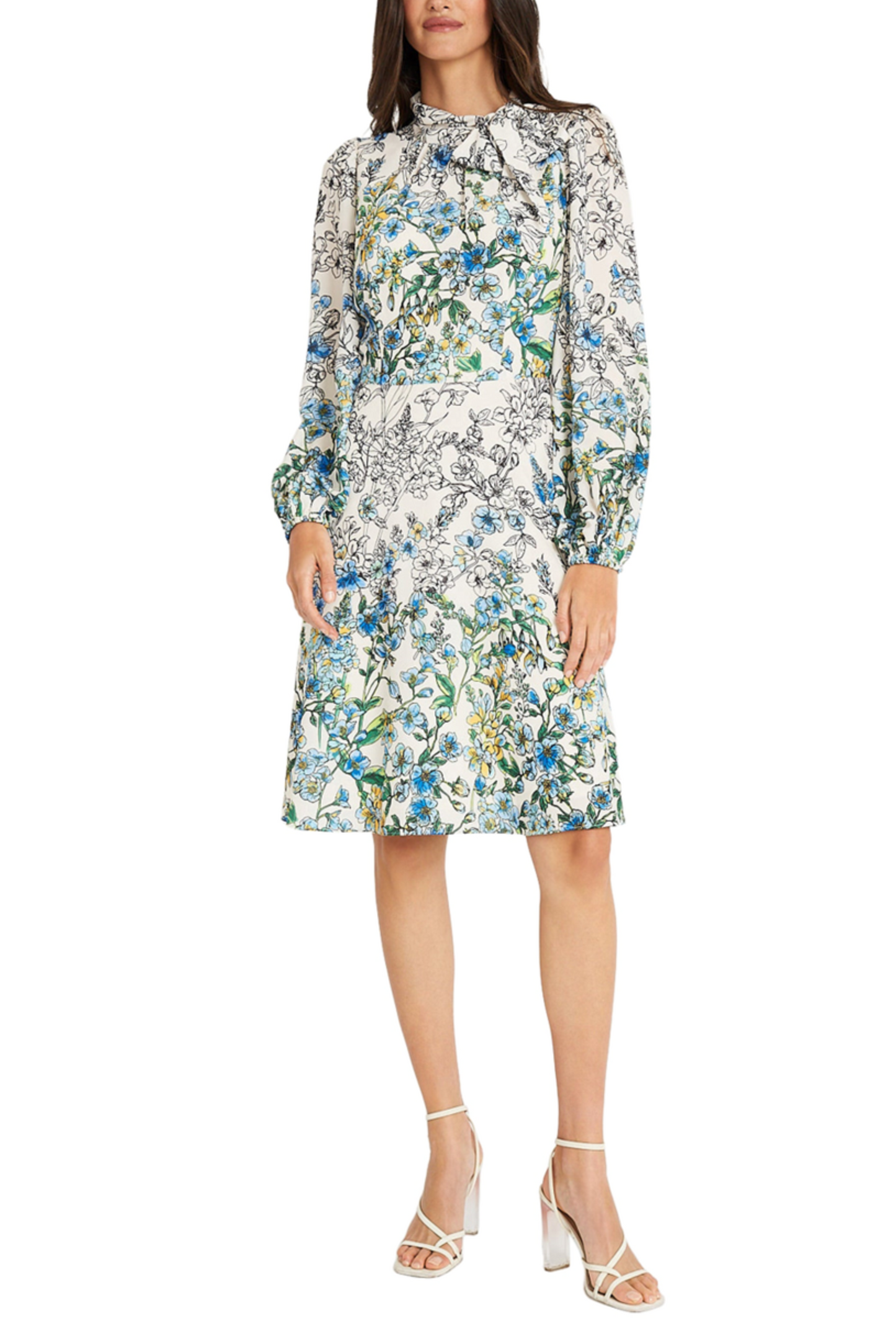 Maggy London Long Sleeve Tie Neck Floral Dress