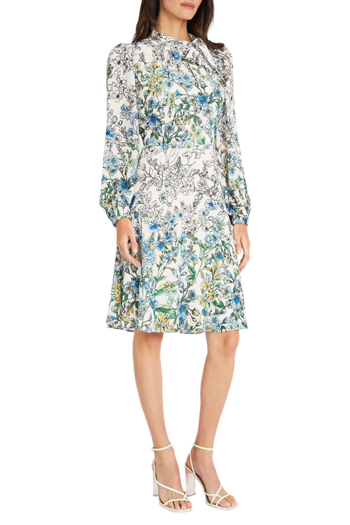 Maggy London Long Sleeve Tie Neck Floral Dress