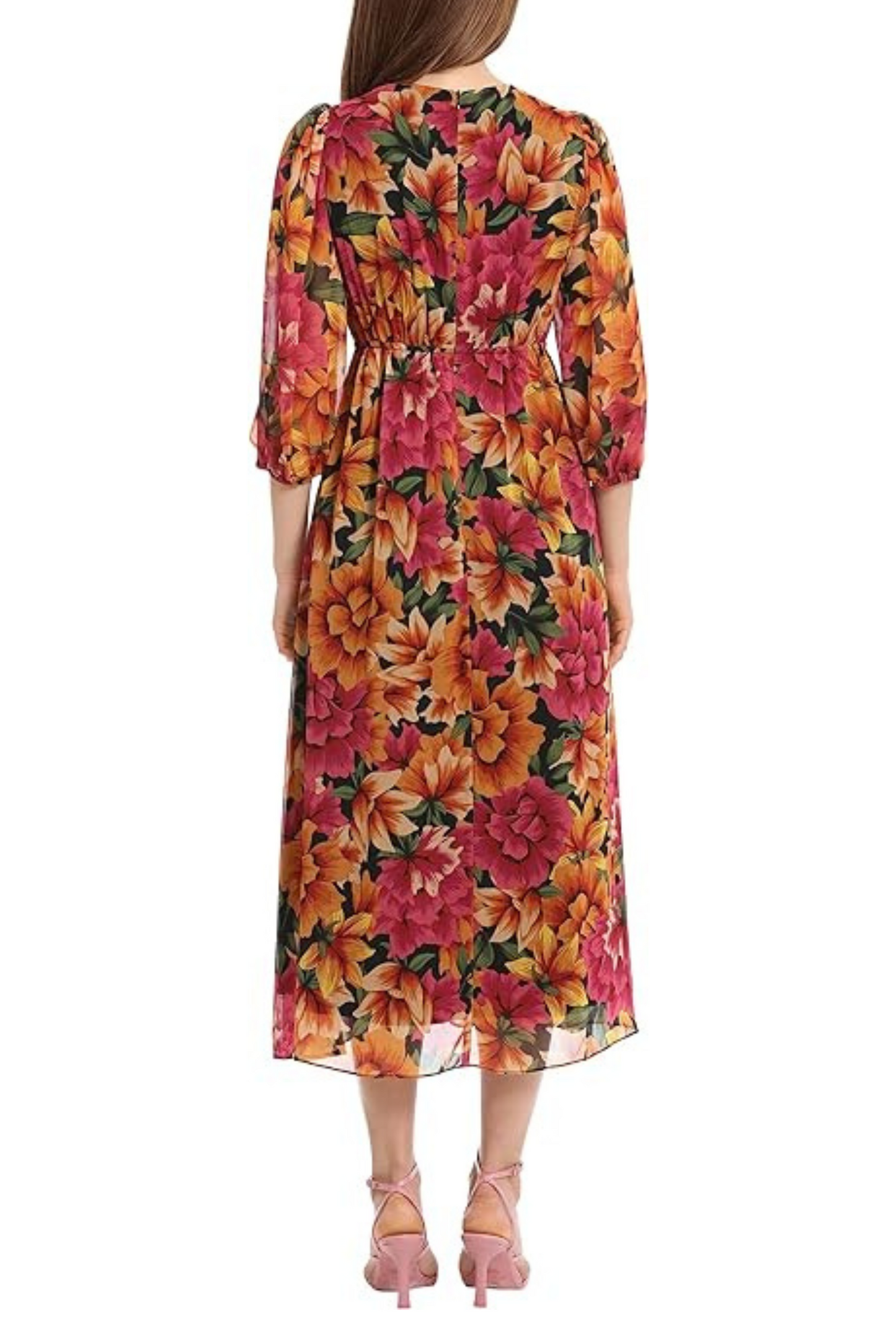 Maggy London 3/4 Sleeve Floral A-Line Midi Dress