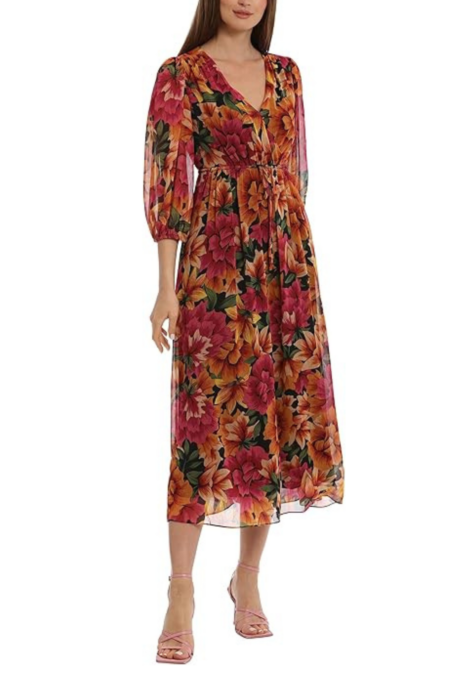 Maggy London 3/4 Sleeve Floral A-Line Midi Dress