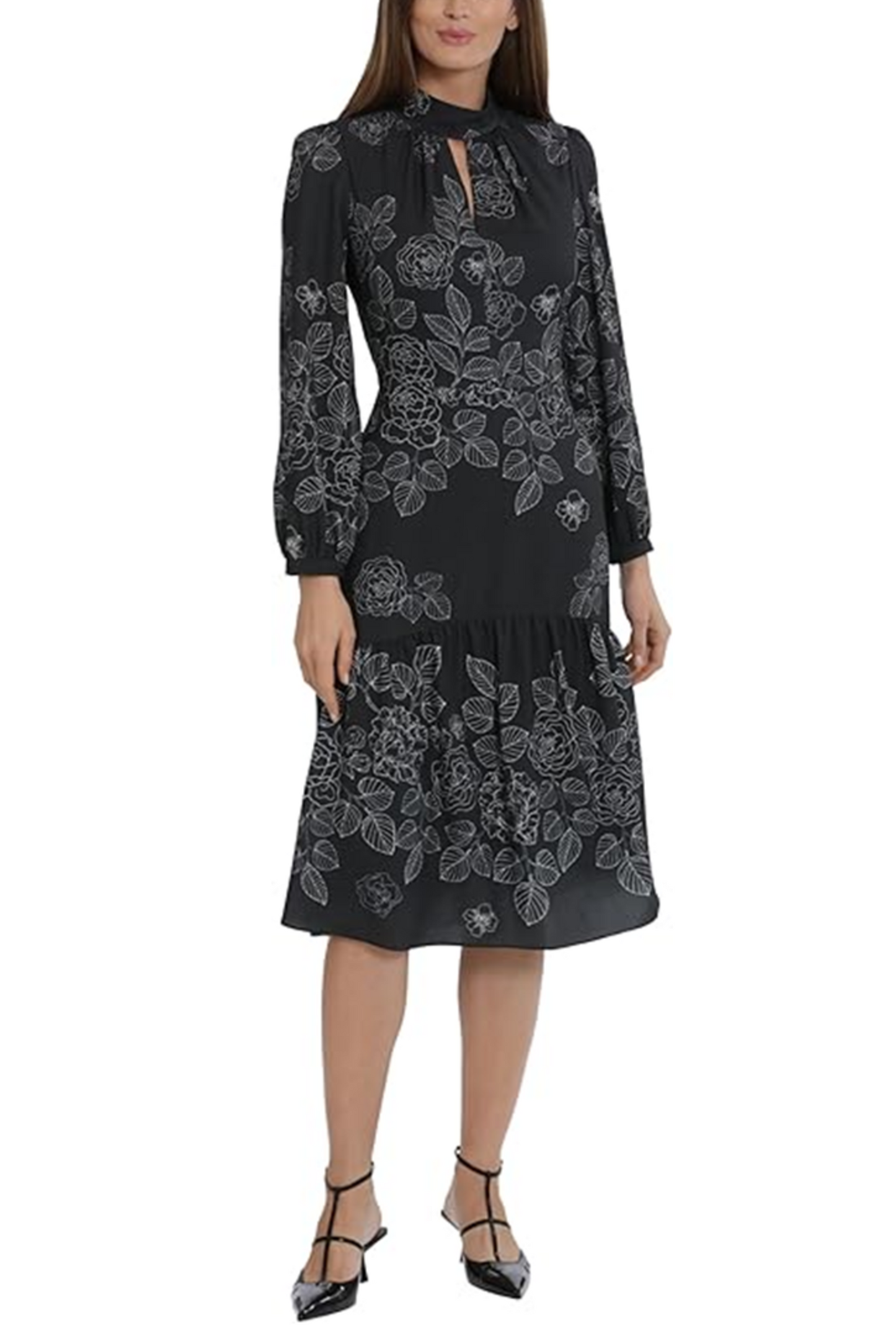 Maggy London Floral Mock Neck Tiered A-Line Dress