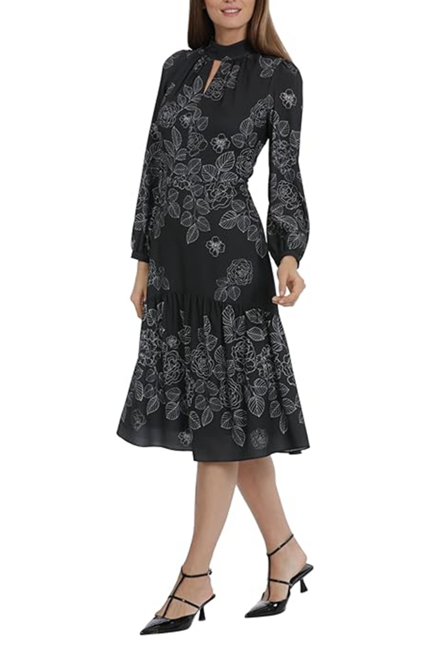 Maggy London Floral Mock Neck Tiered A-Line Dress