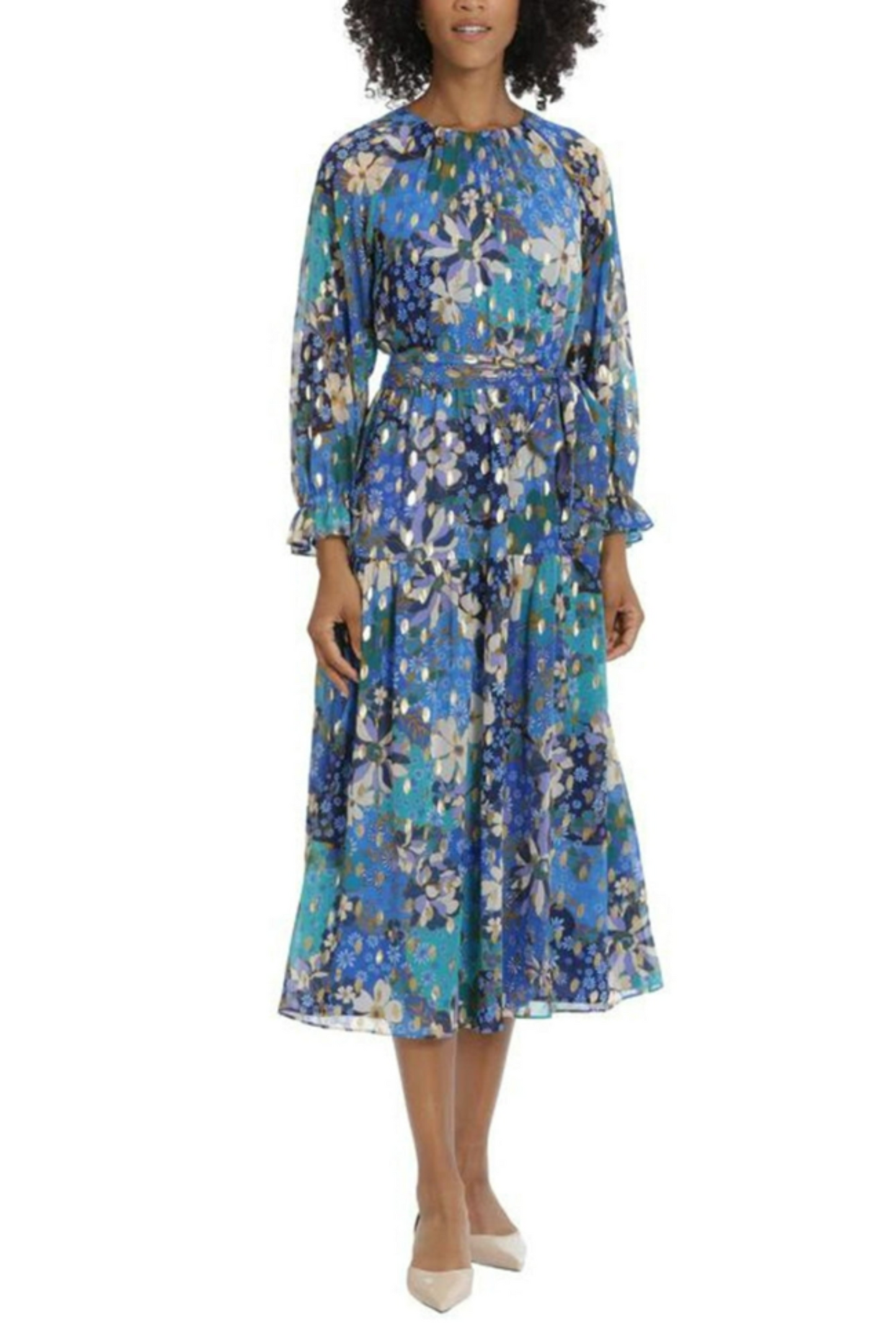 Maggy London Belted Keyhole Metallic Floral Dress