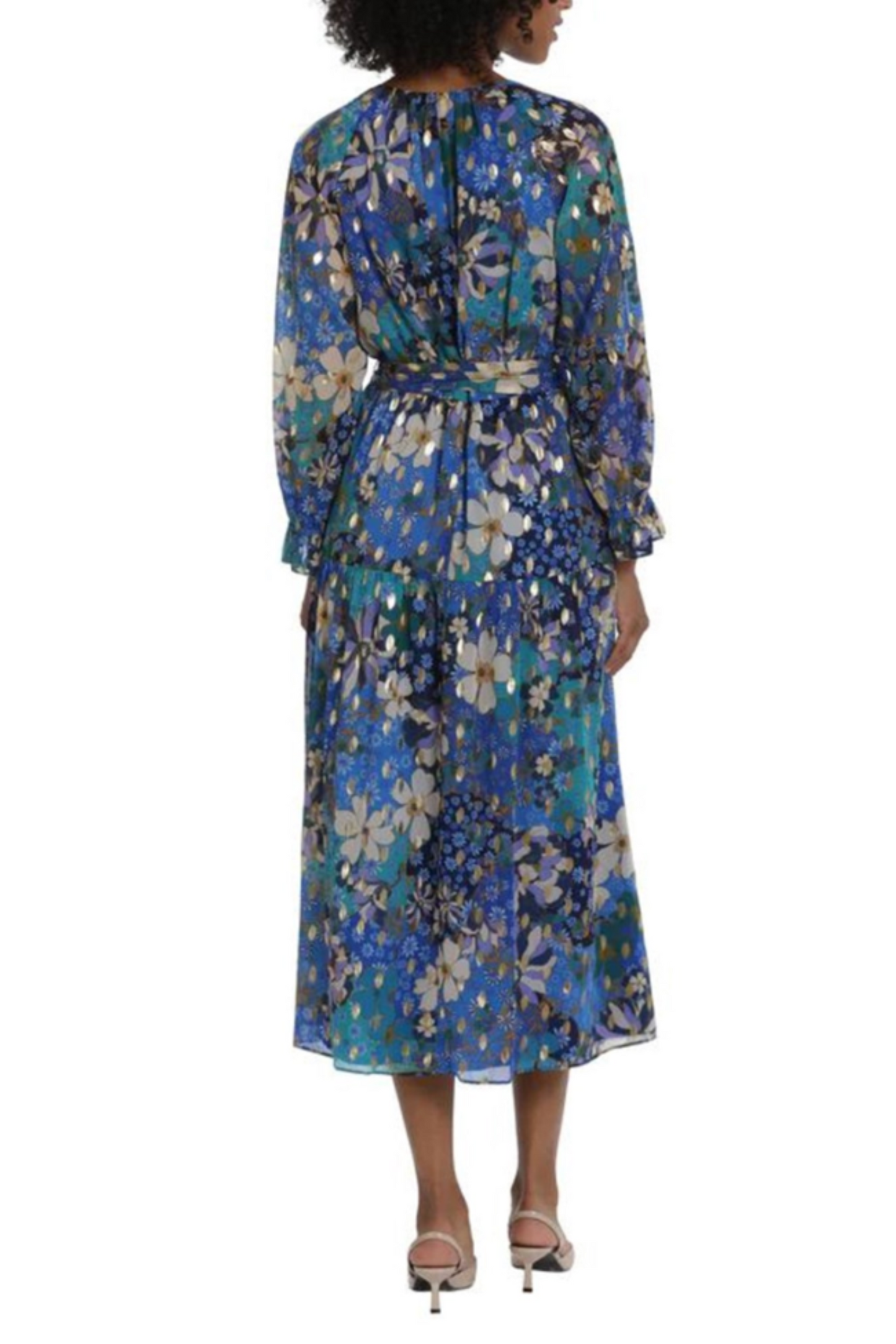 Maggy London Belted Keyhole Metallic Floral Dress