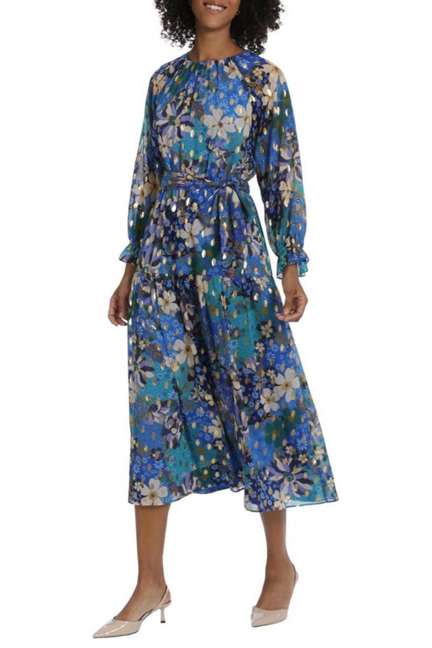 Maggy London Belted Keyhole Metallic Floral Dress