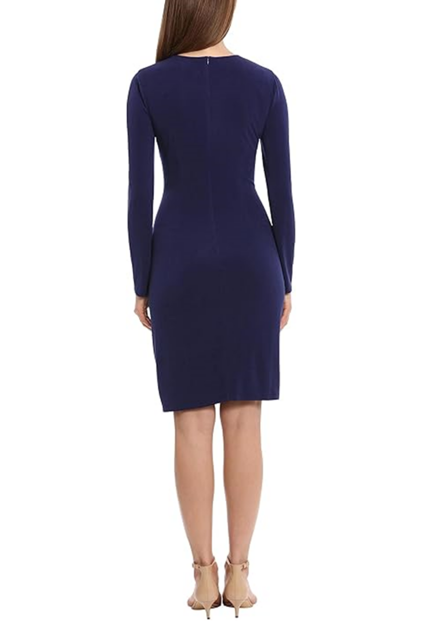 Maggy London Long Sleeve Ruched Skirt V-Neck Dress