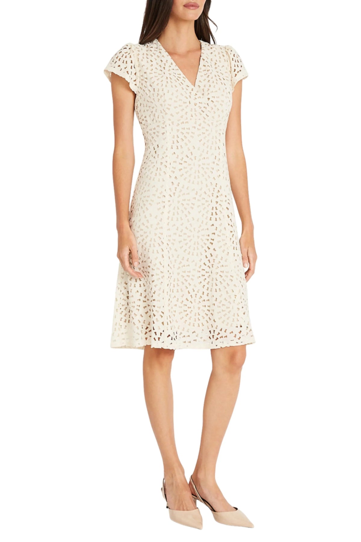 Maggy London Laser Cut Short Sleeve A-Line Dress