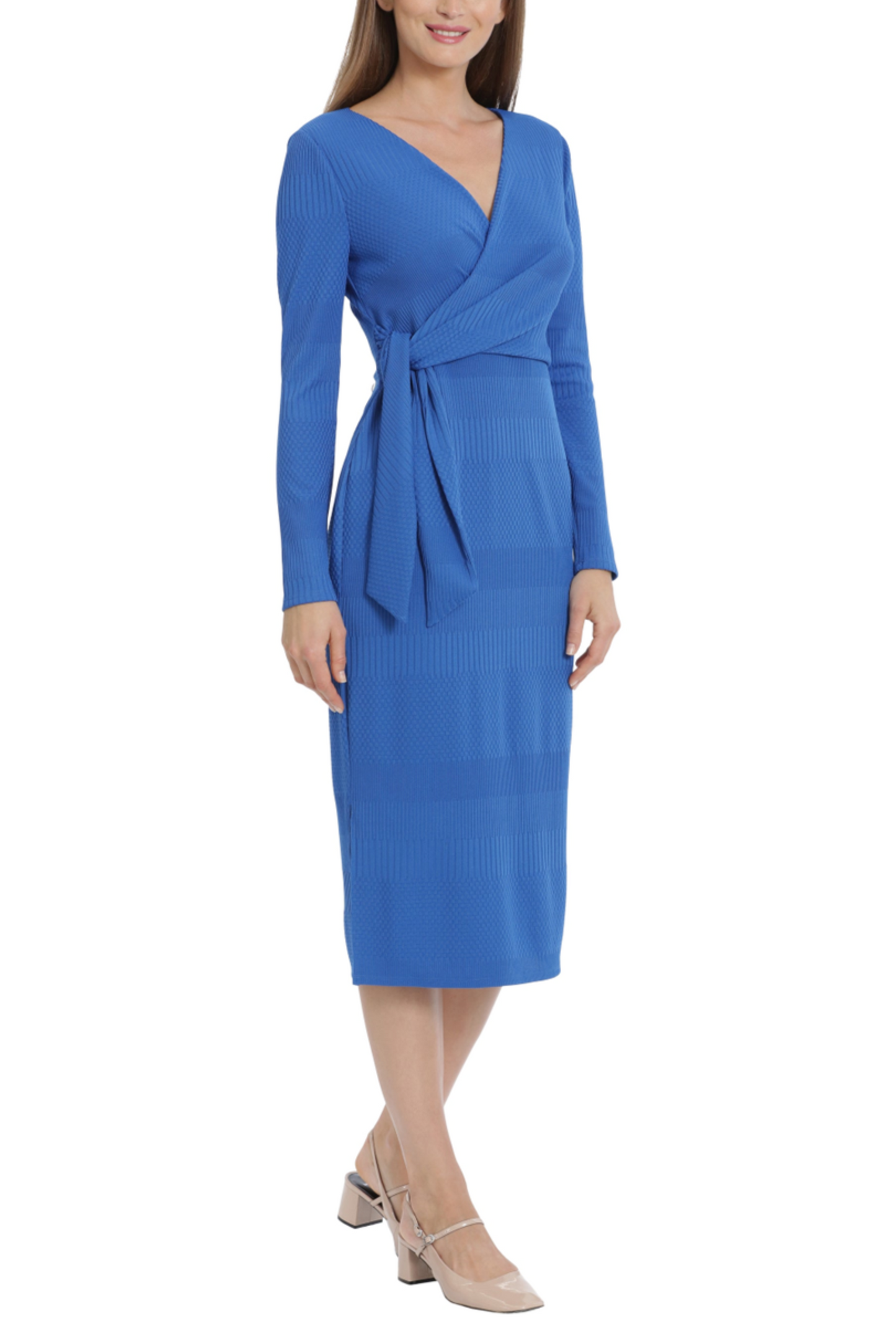 Maggy London Long Sleeve Textured Faux Wrap Dress