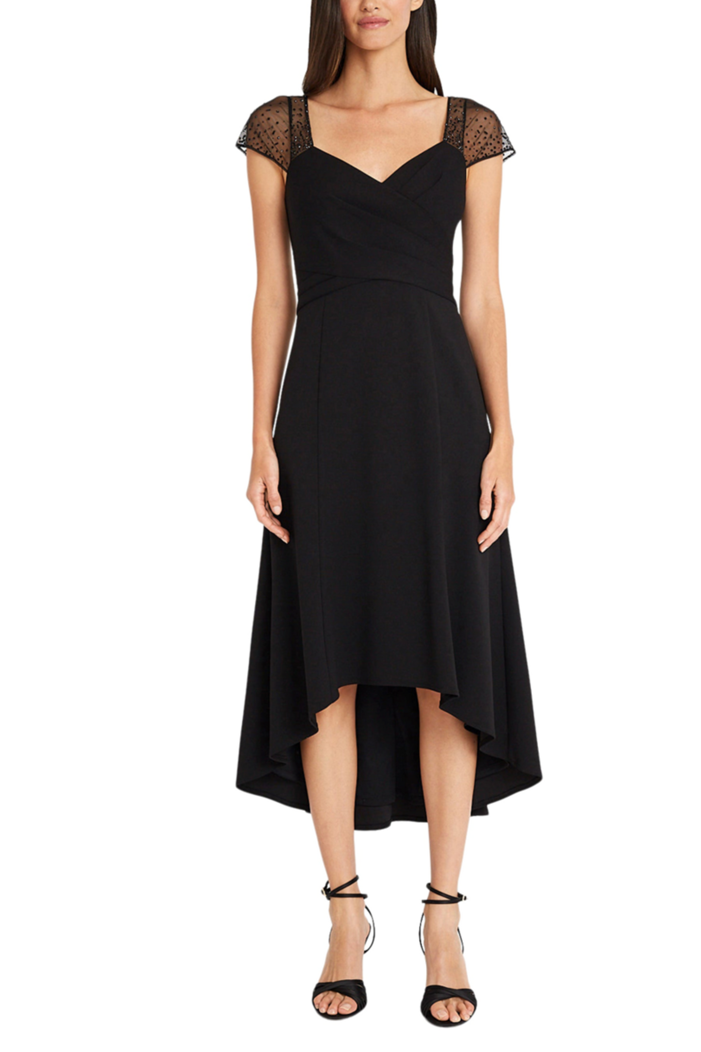 Maggy London Beaded Cap Sleeve High Low Midi Dress