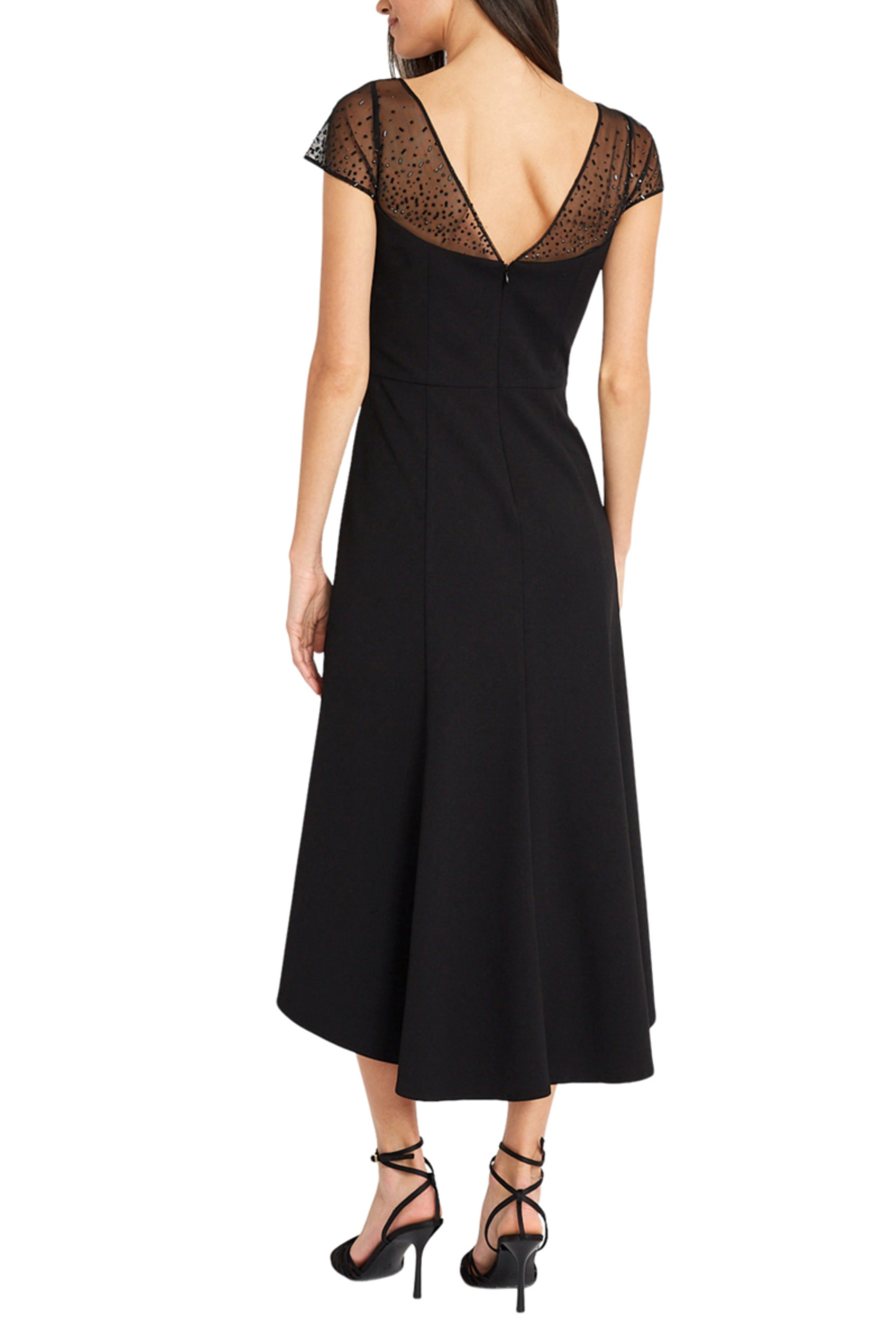 Maggy London Beaded Cap Sleeve High Low Midi Dress