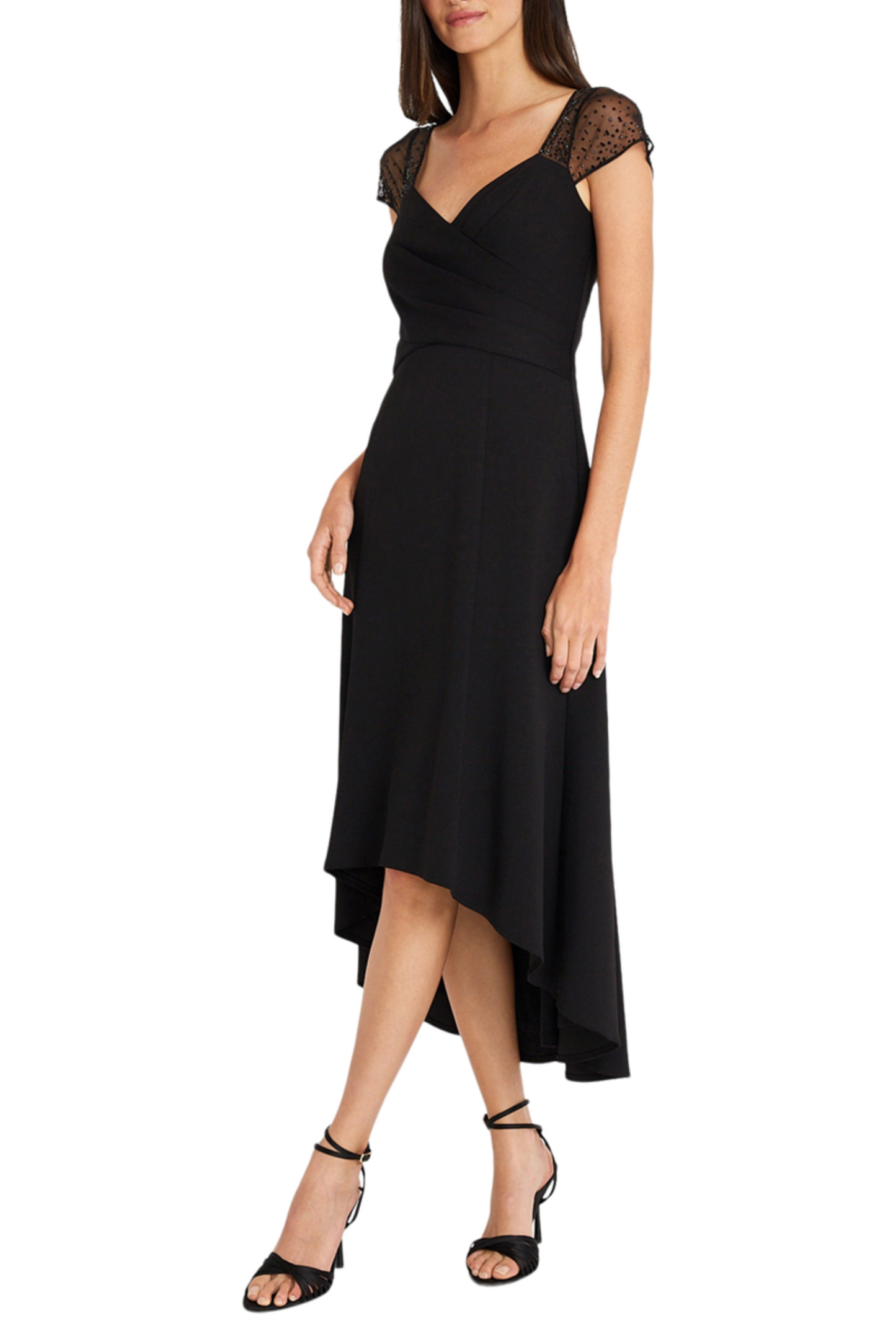 Maggy London Beaded Cap Sleeve High Low Midi Dress
