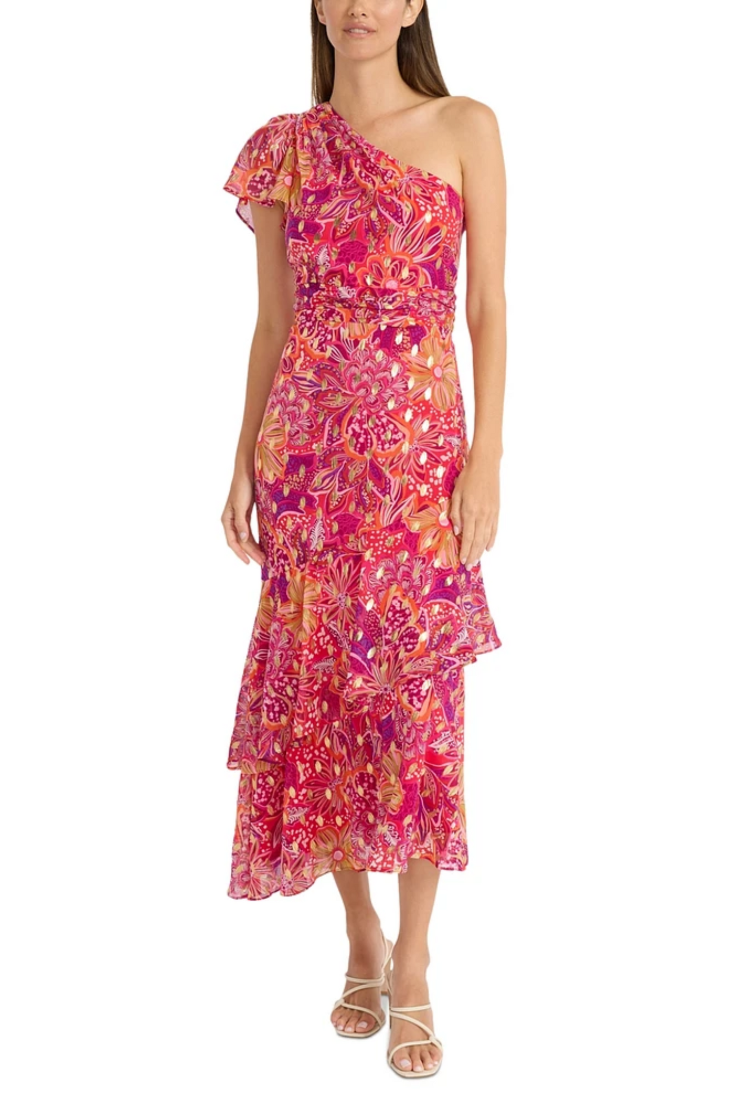 Maggy London One Sleeve Asymmetrical Floral Dress