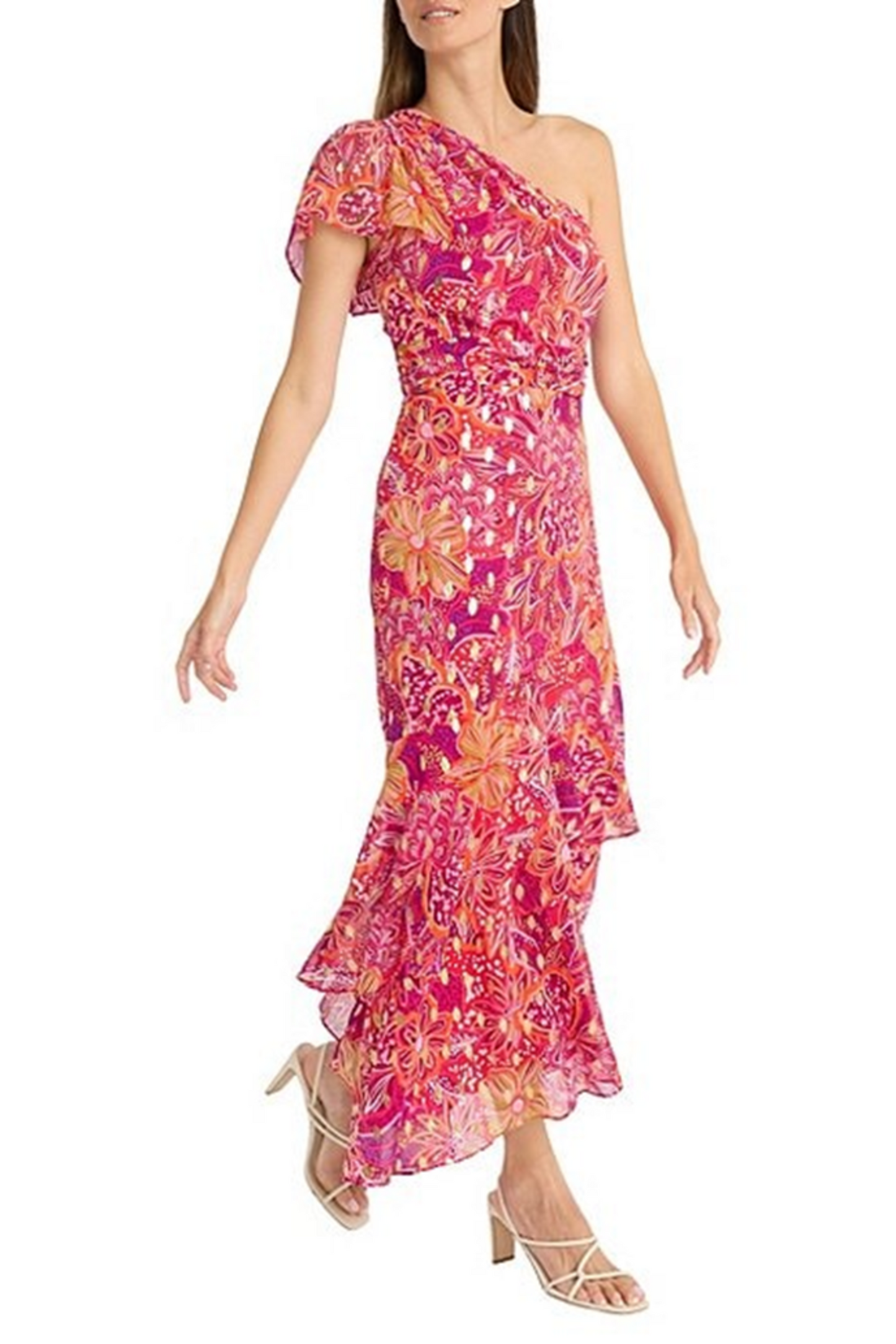 Maggy London One Sleeve Asymmetrical Floral Dress