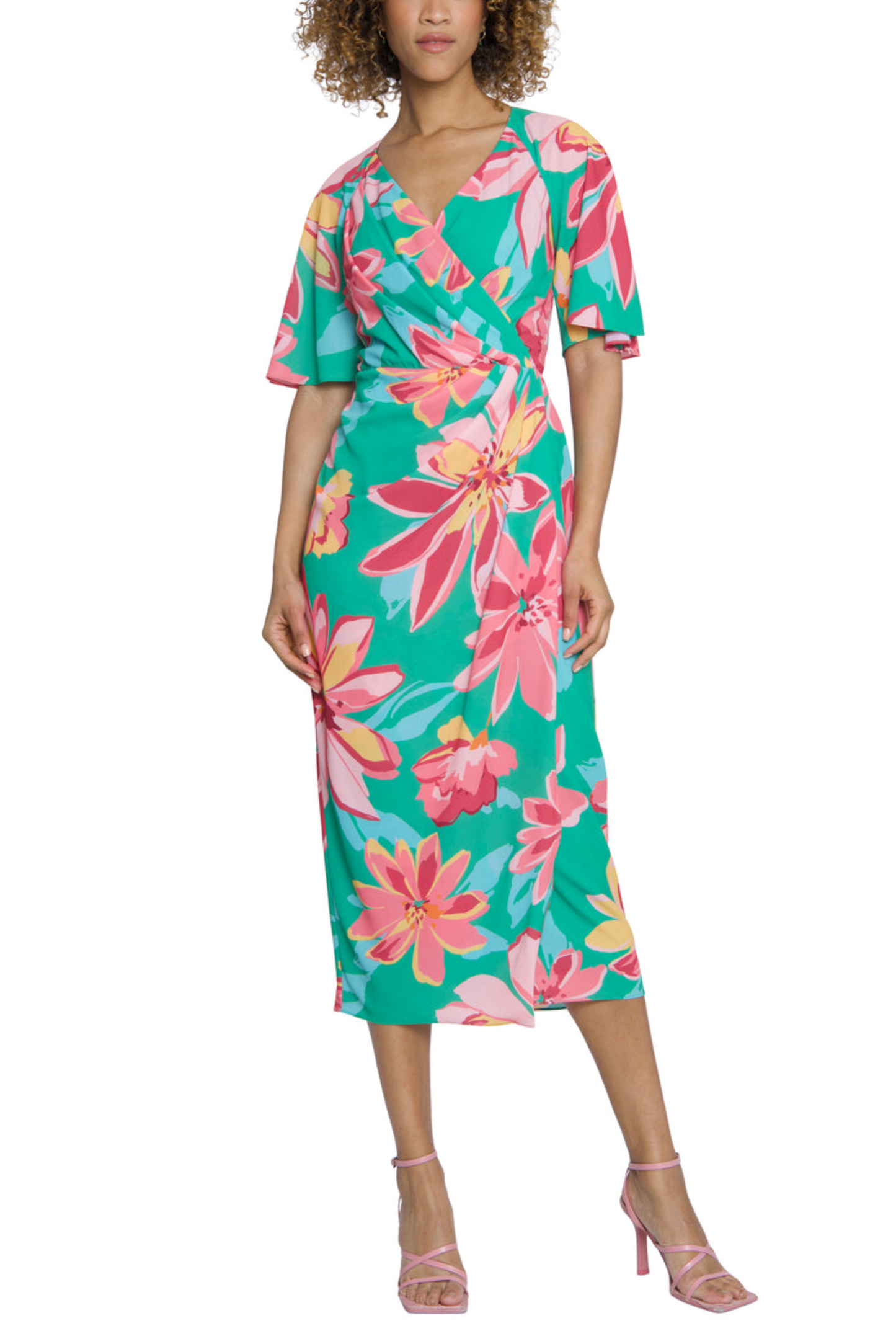 Maggy London Floral Flutter Sleeve Faux-Wrap Dress