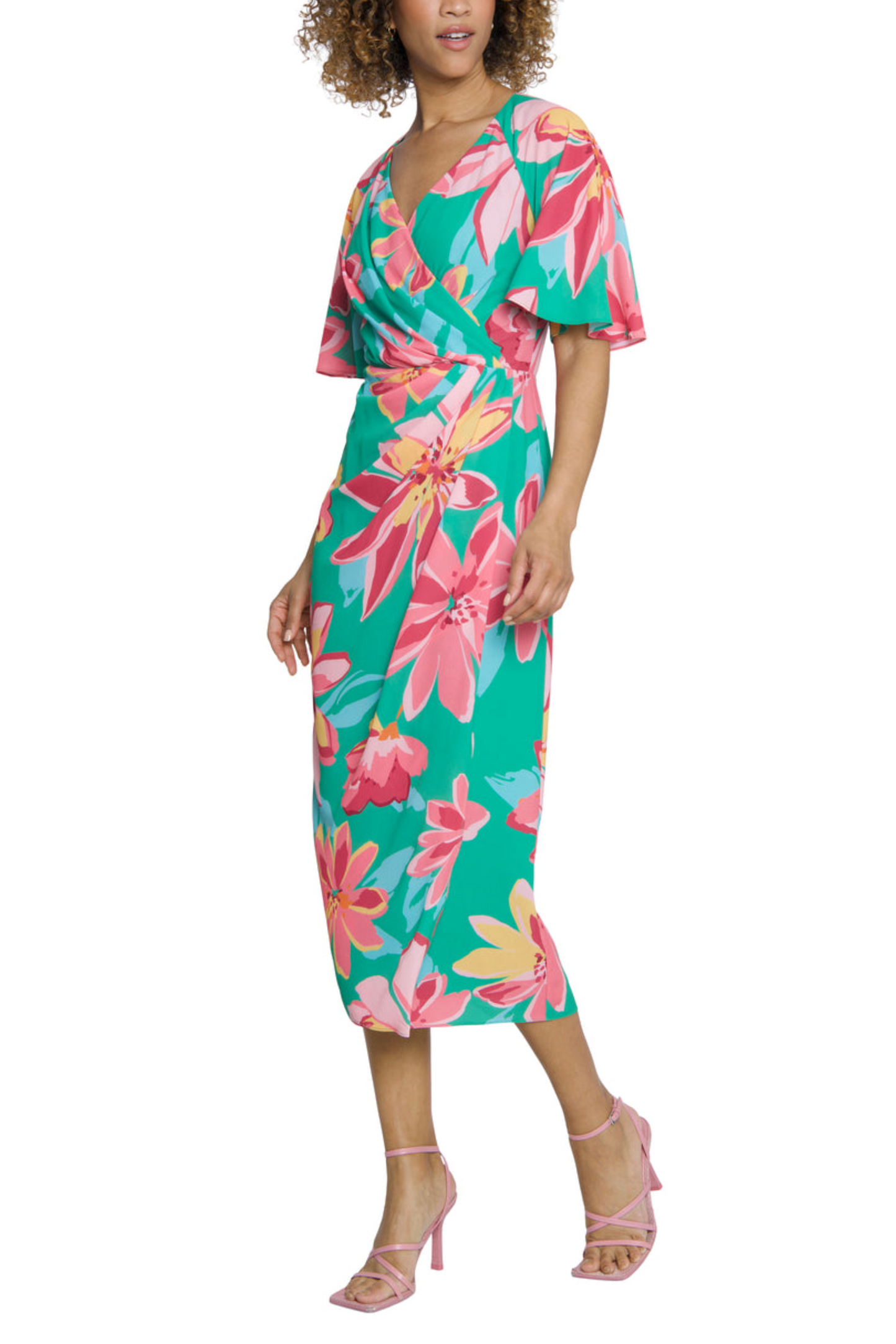 Maggy London Floral Flutter Sleeve Faux-Wrap Dress