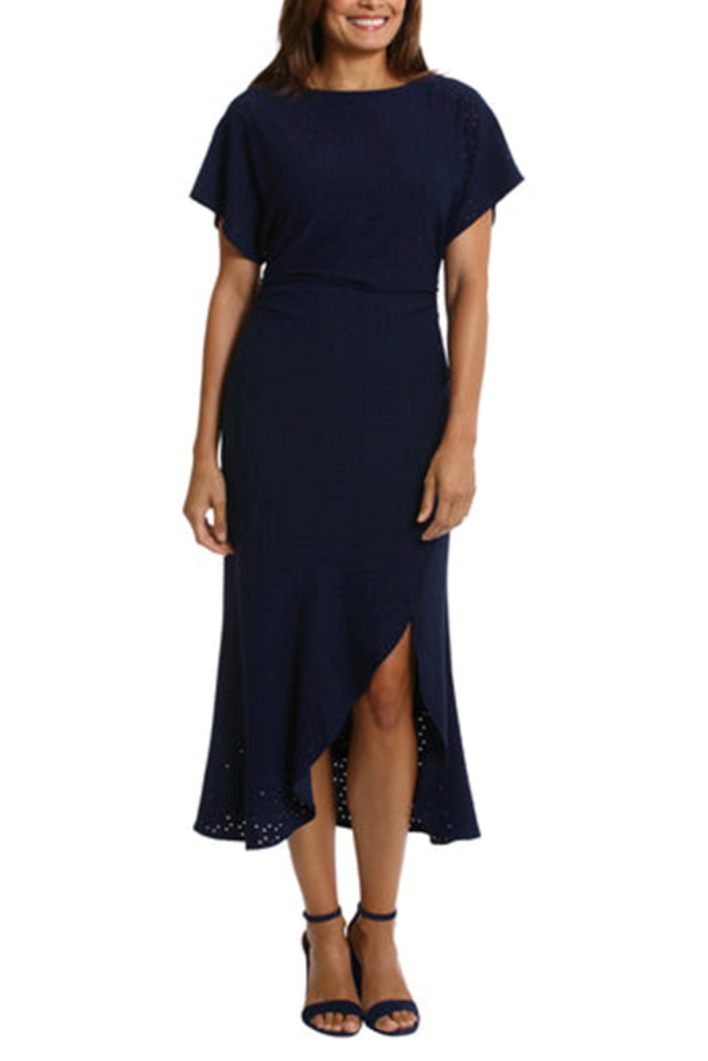 Maggy London Round Eyelet Asymmetrical Midi Dress