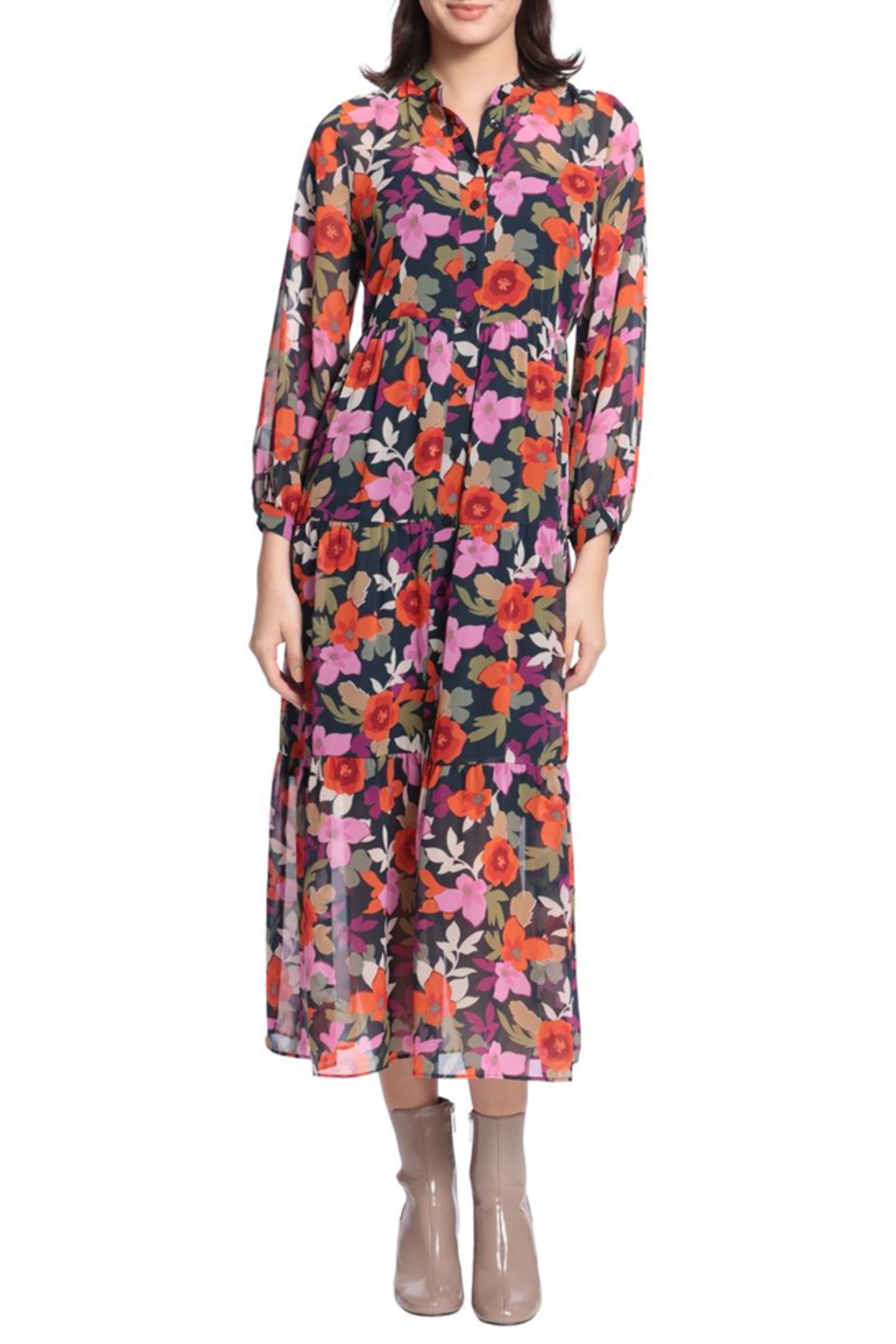 Maggy London Floral Long Sleeve Tiered Shirt Dress