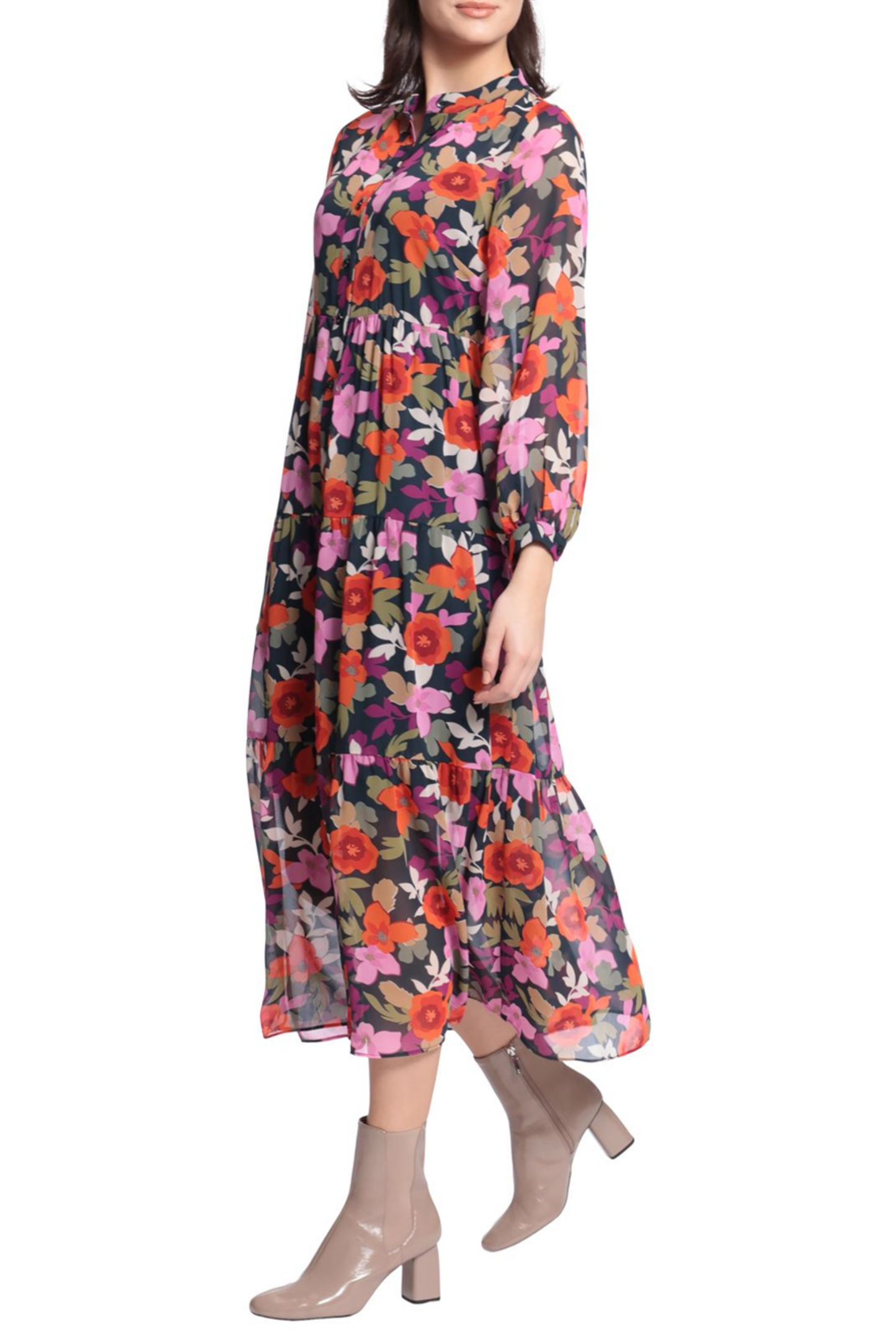 Maggy London Floral Long Sleeve Tiered Shirt Dress