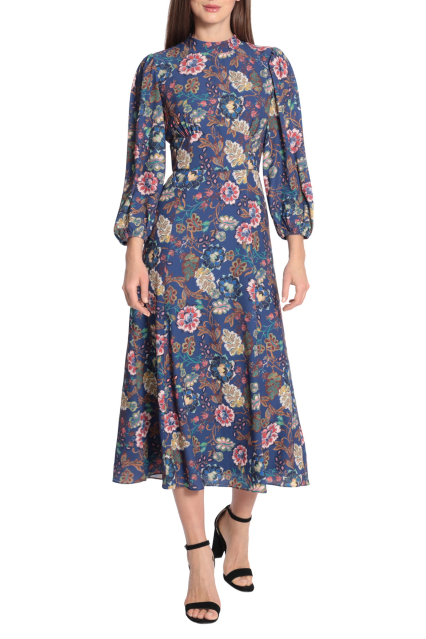 Maggy London Floral Mock Neck A-Line Midi Dress