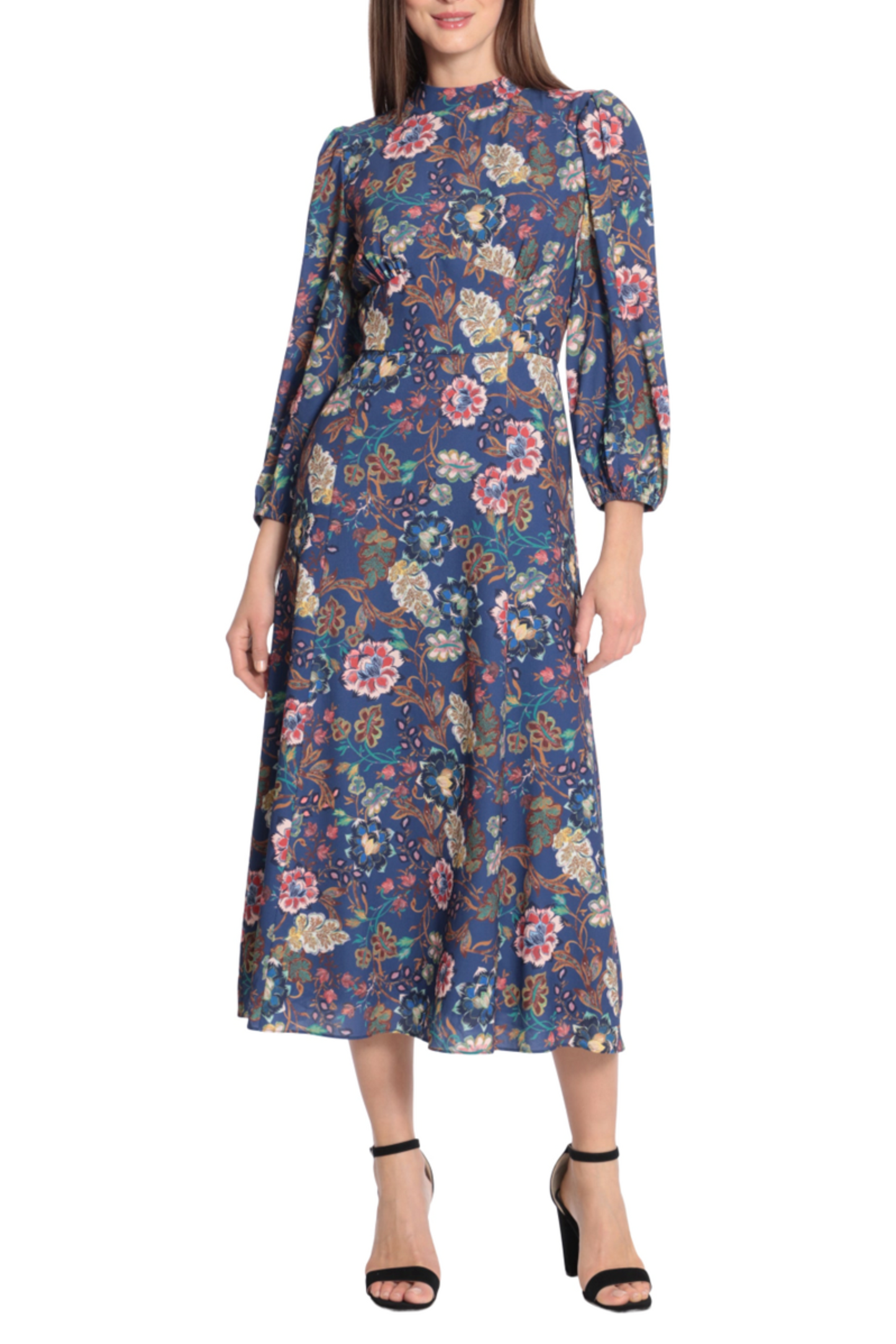 Maggy London Floral Mock Neck A-Line Midi Dress