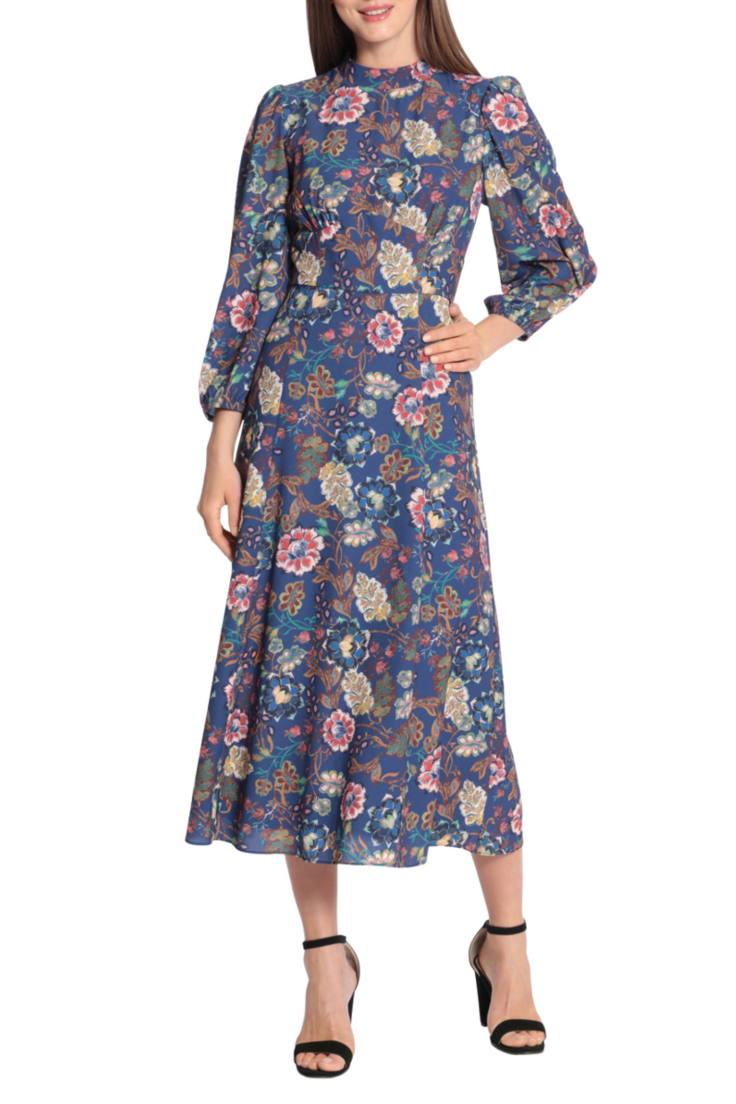 Maggy London Floral Mock Neck A-Line Midi Dress