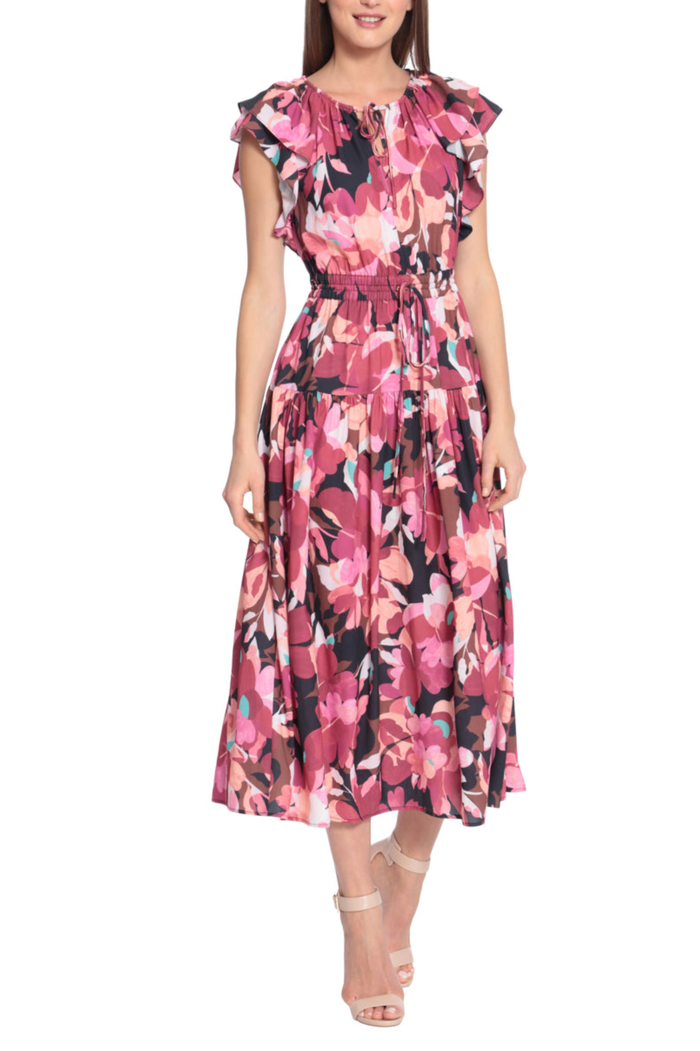 Maggy London Keyhole Neck Floral Print Midi Dress