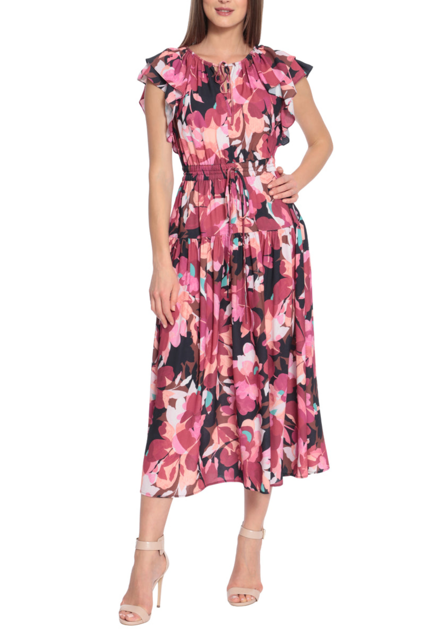 Maggy London Keyhole Neck Floral Print Midi Dress
