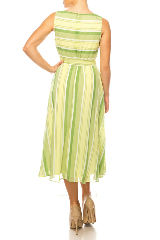 Maison Tara Striped Belted Sleeveless Midi Dress