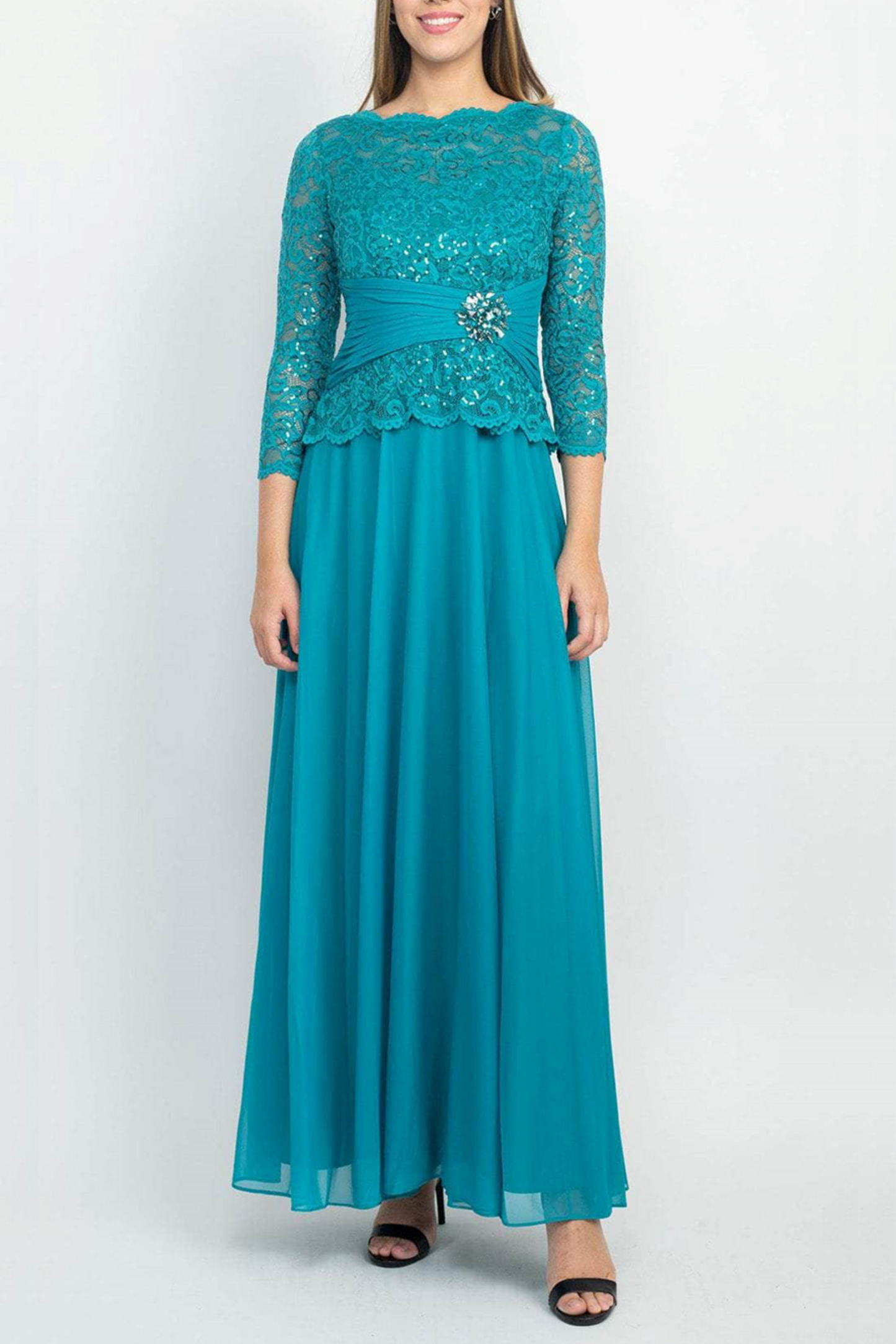 Marina 3/4 Sleeve Sequined Lace Long Evening Dress