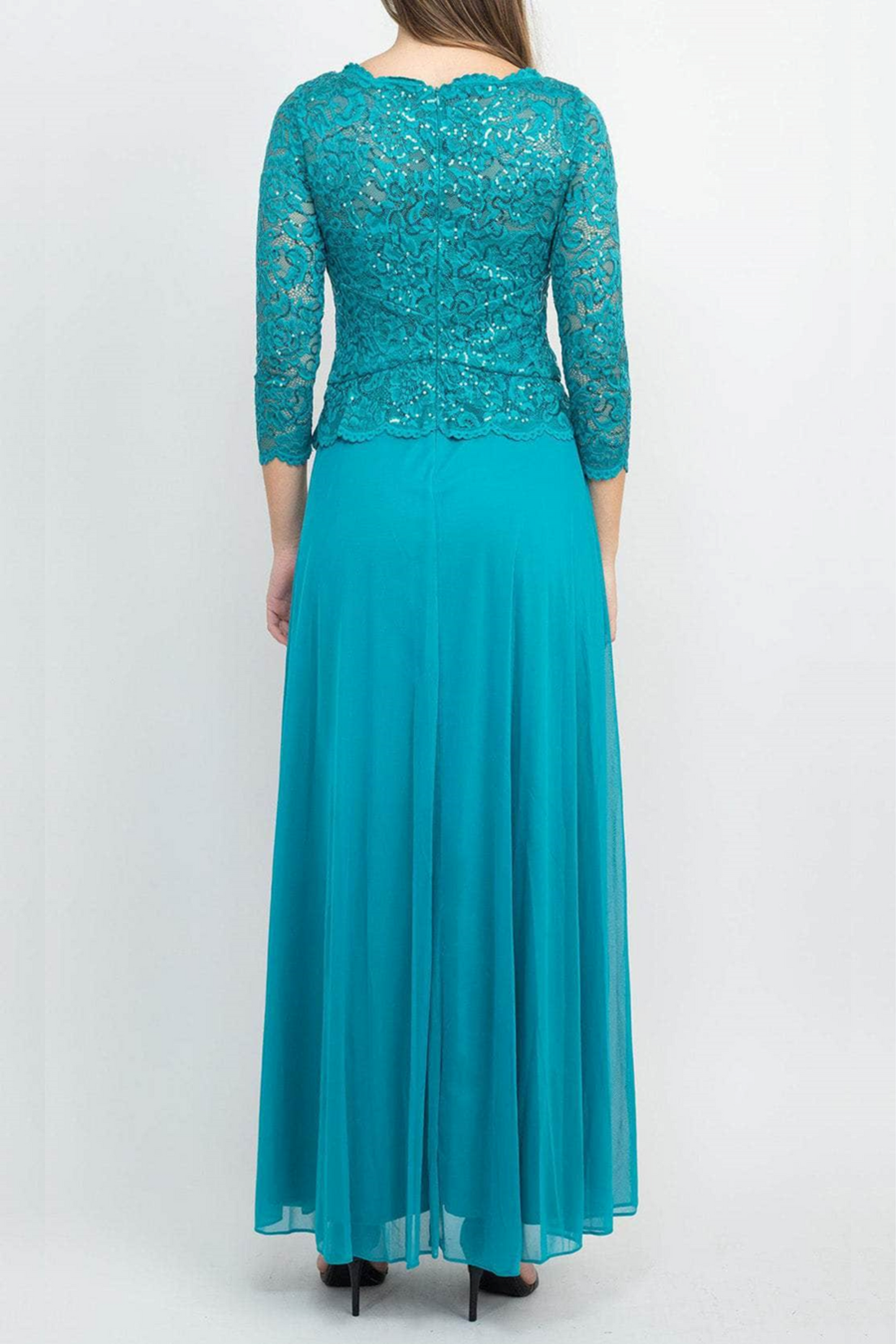 Marina 3/4 Sleeve Sequined Lace Long Evening Dress
