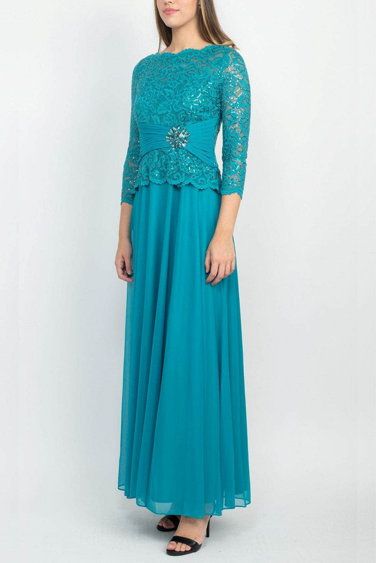 Marina 3/4 Sleeve Sequined Lace Long Evening Dress