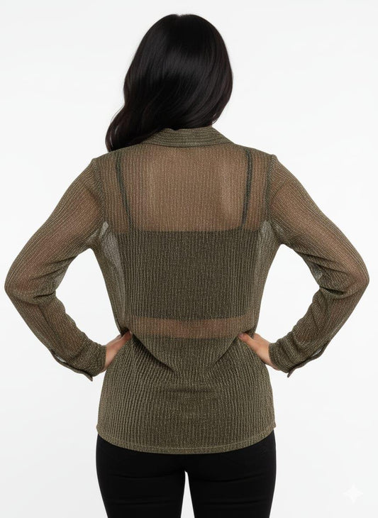 Hester & Orchard Black Gold Shimmer Plissé Button-Down Blouse