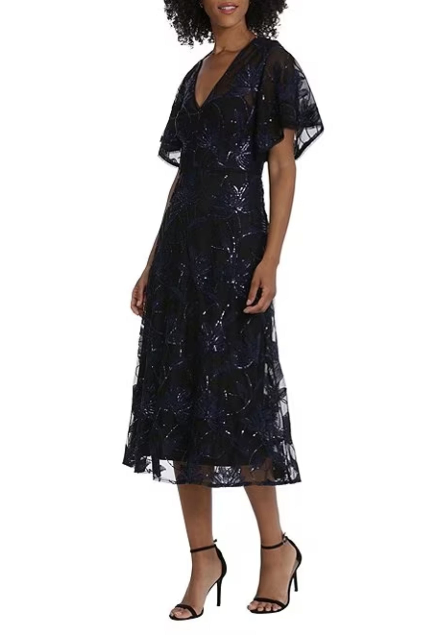 Maggy London Sequined Mesh Flutter Sleeve Dress