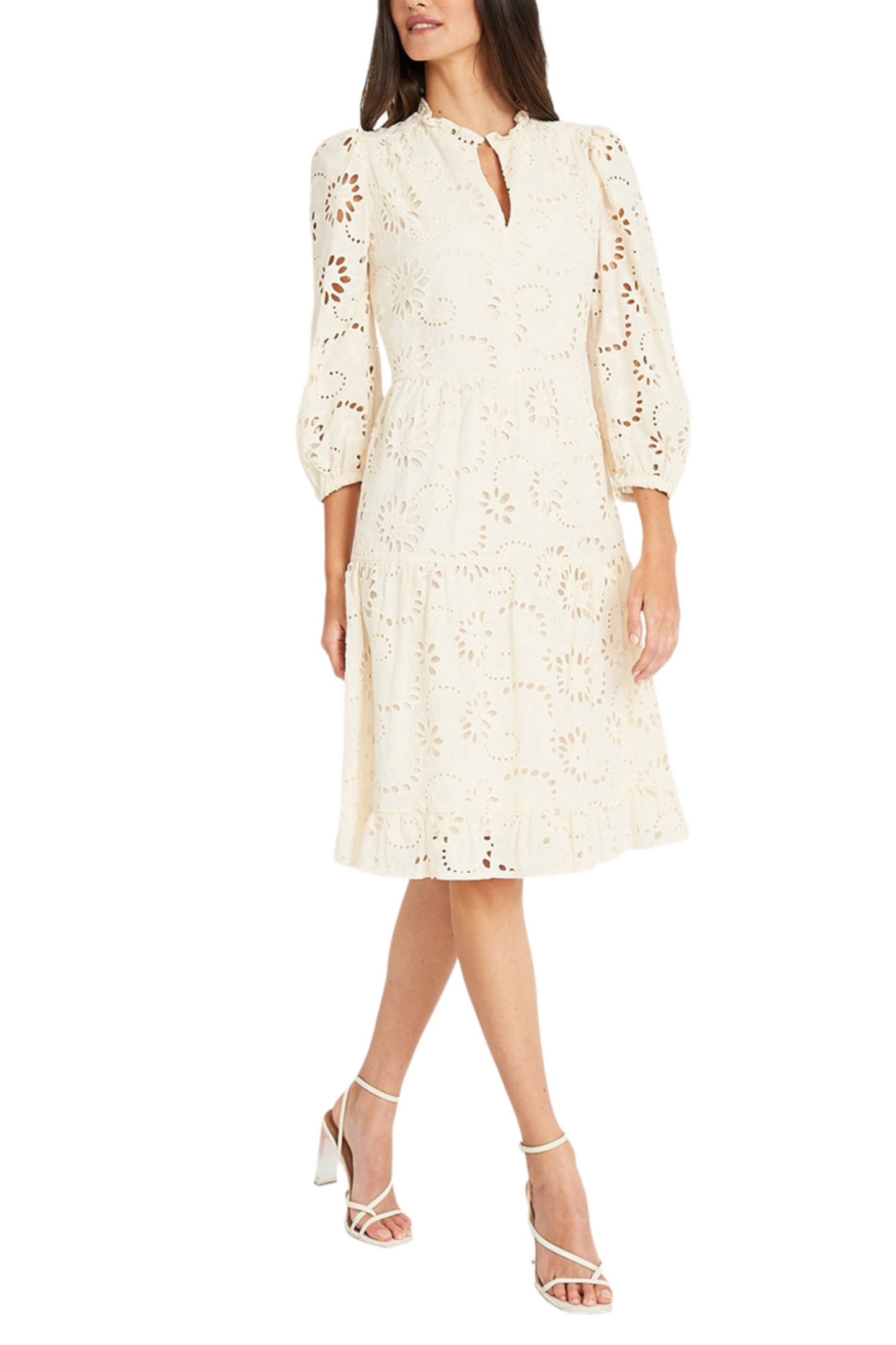 Maggy London 3/4-Sleeve Eyelet Tiered A-line Dress
