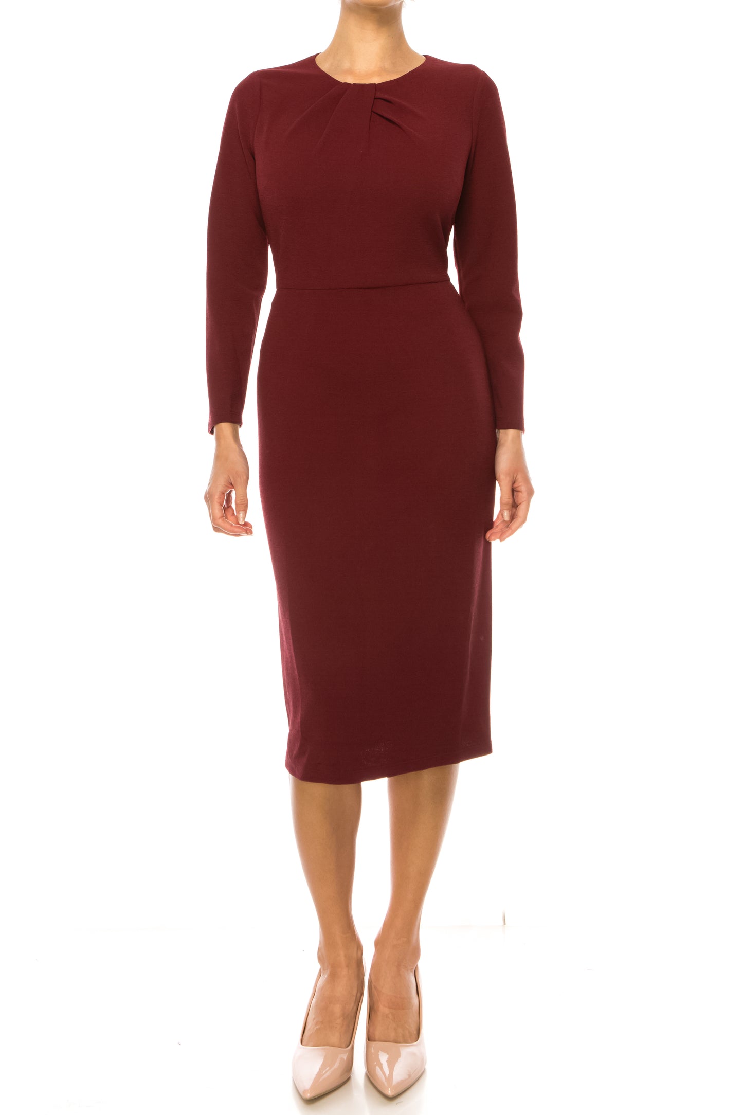 Maggy London Long Sleeve Pleated Neck Sheath Dress