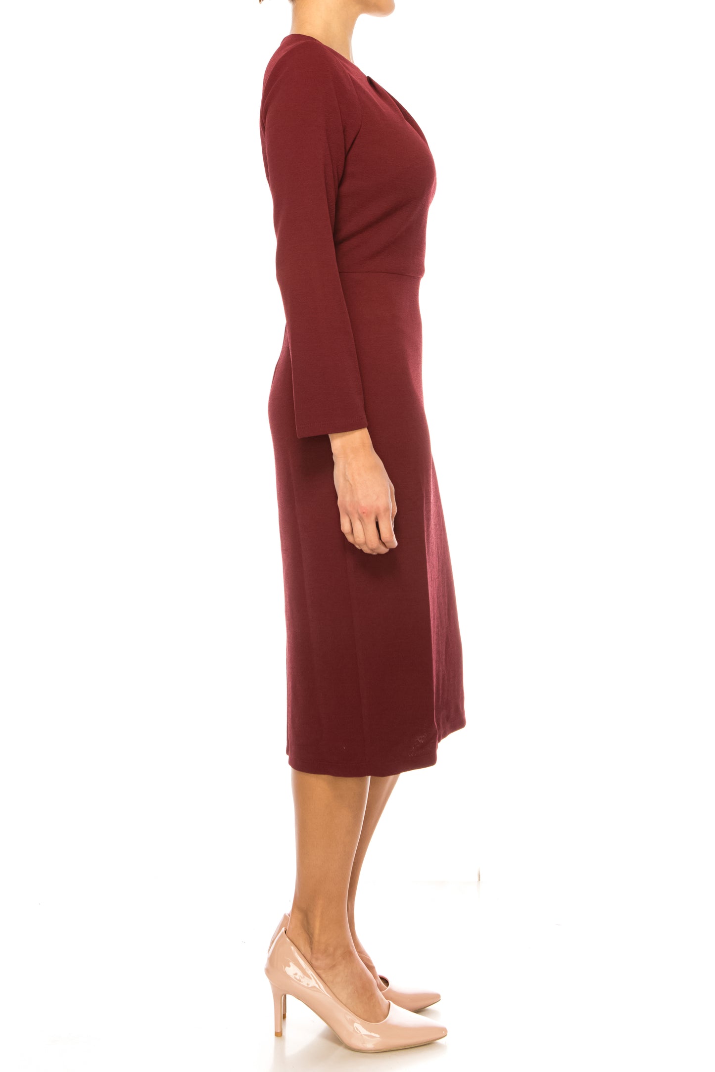 Maggy London Long Sleeve Pleated Neck Sheath Dress