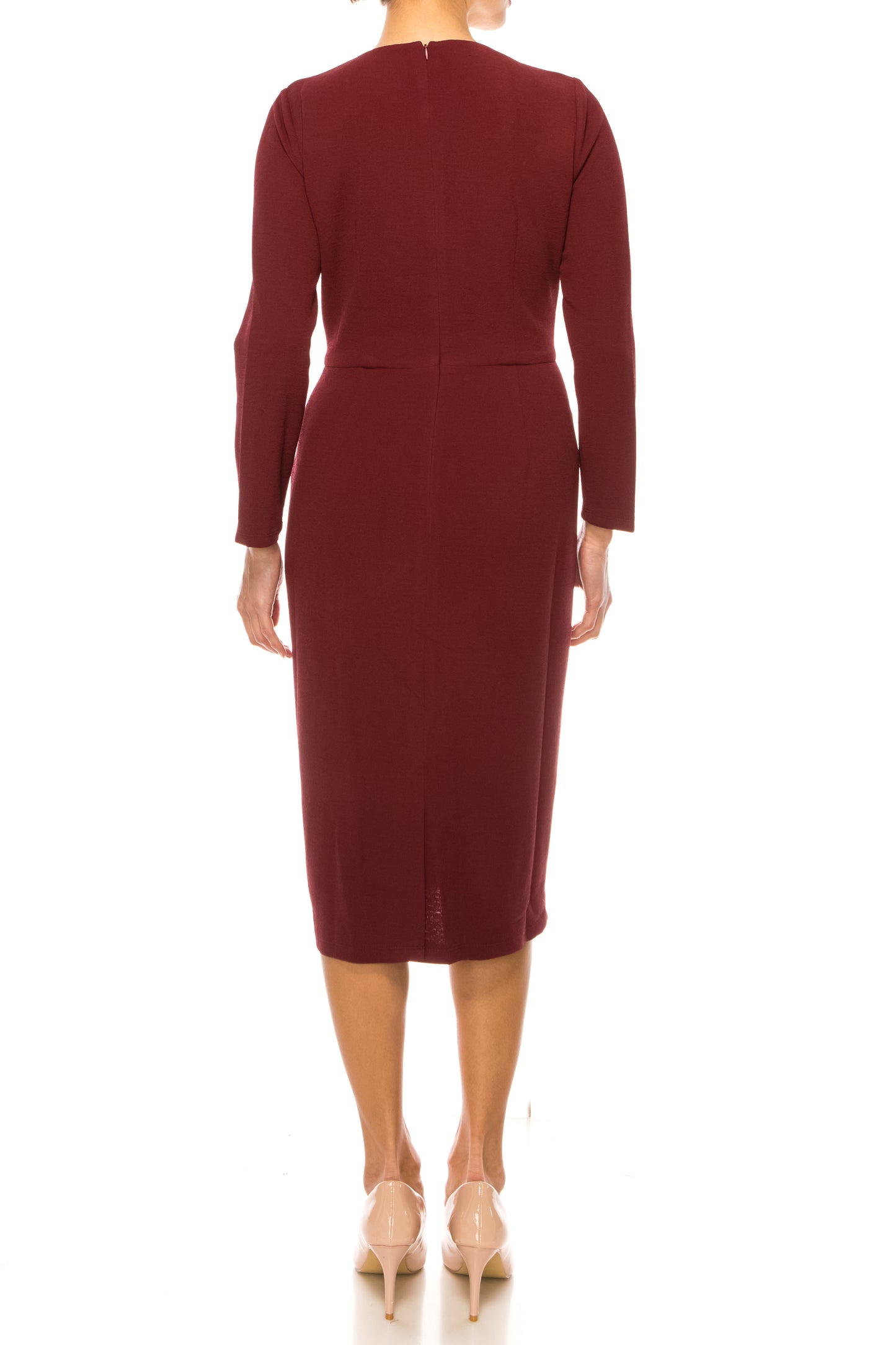 Maggy London Long Sleeve Pleated Neck Sheath Dress