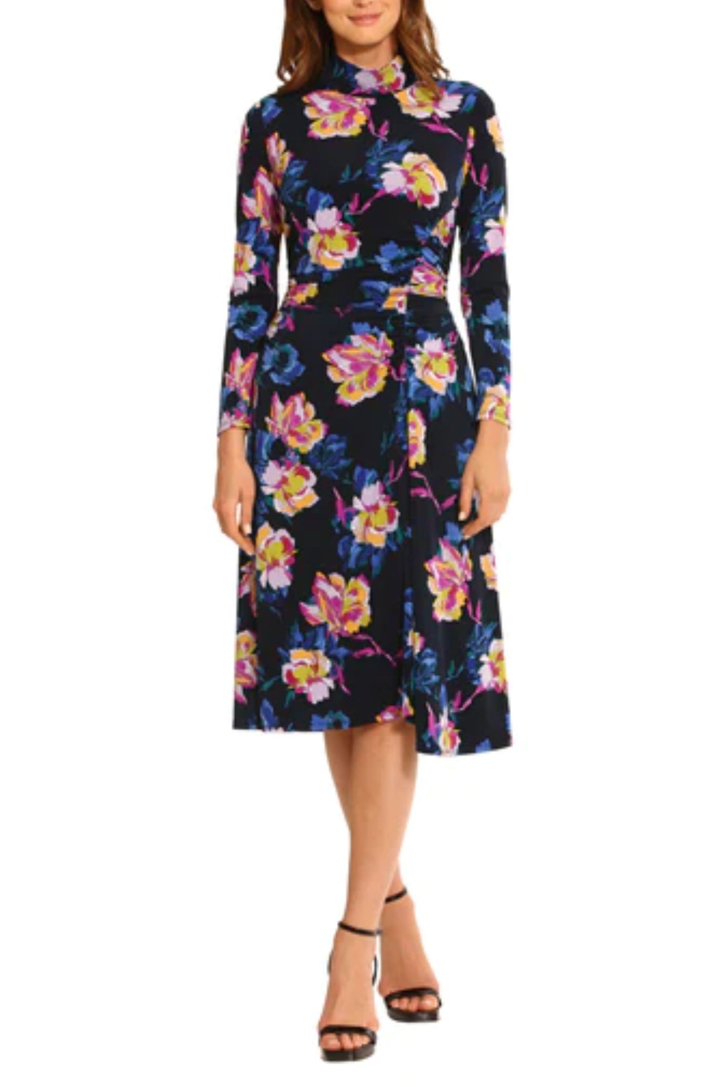 Maggy London Floral Long Sleeve Mock Neck Dress