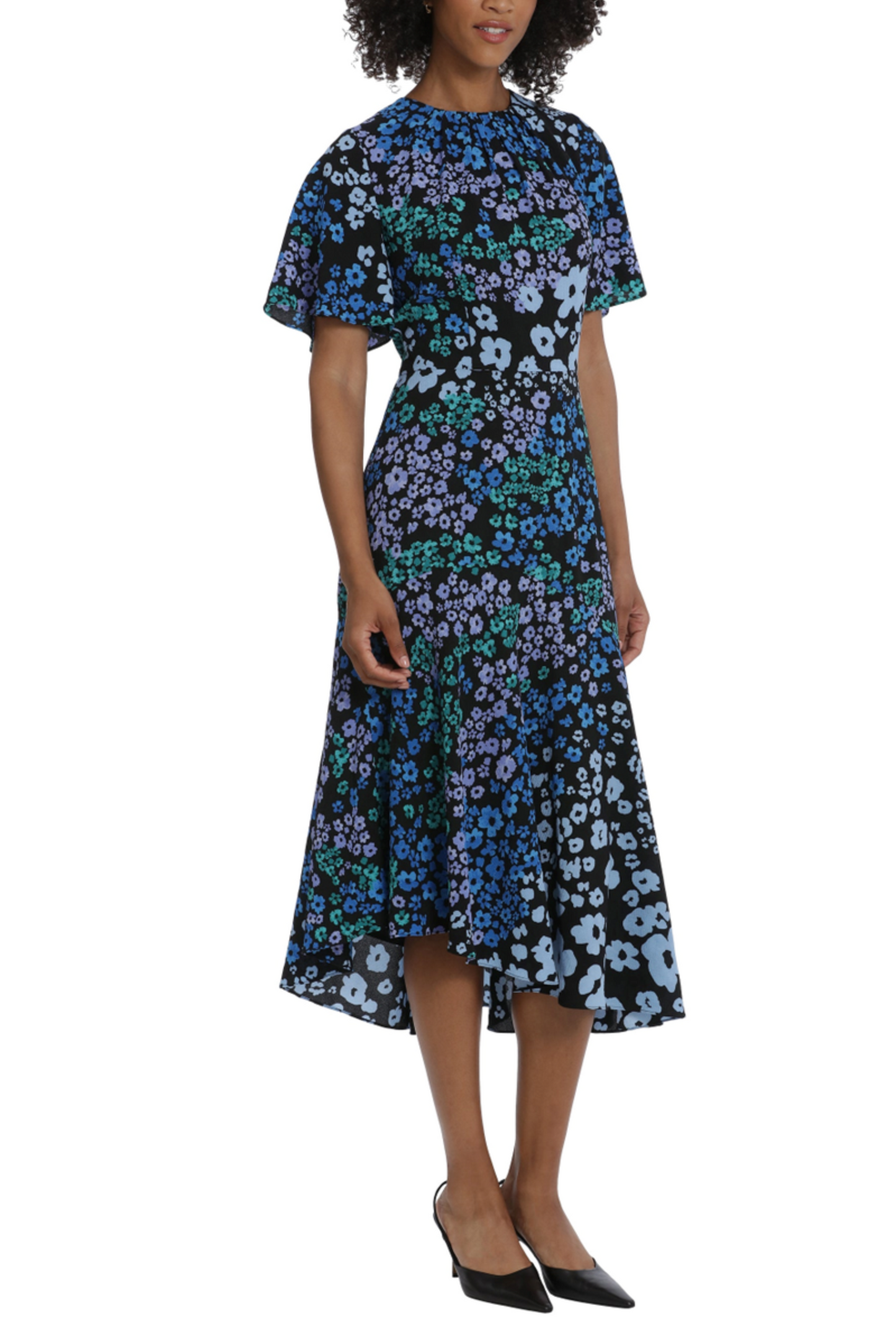 Maggy London Floral Asymmetrical Tiered Midi Dress