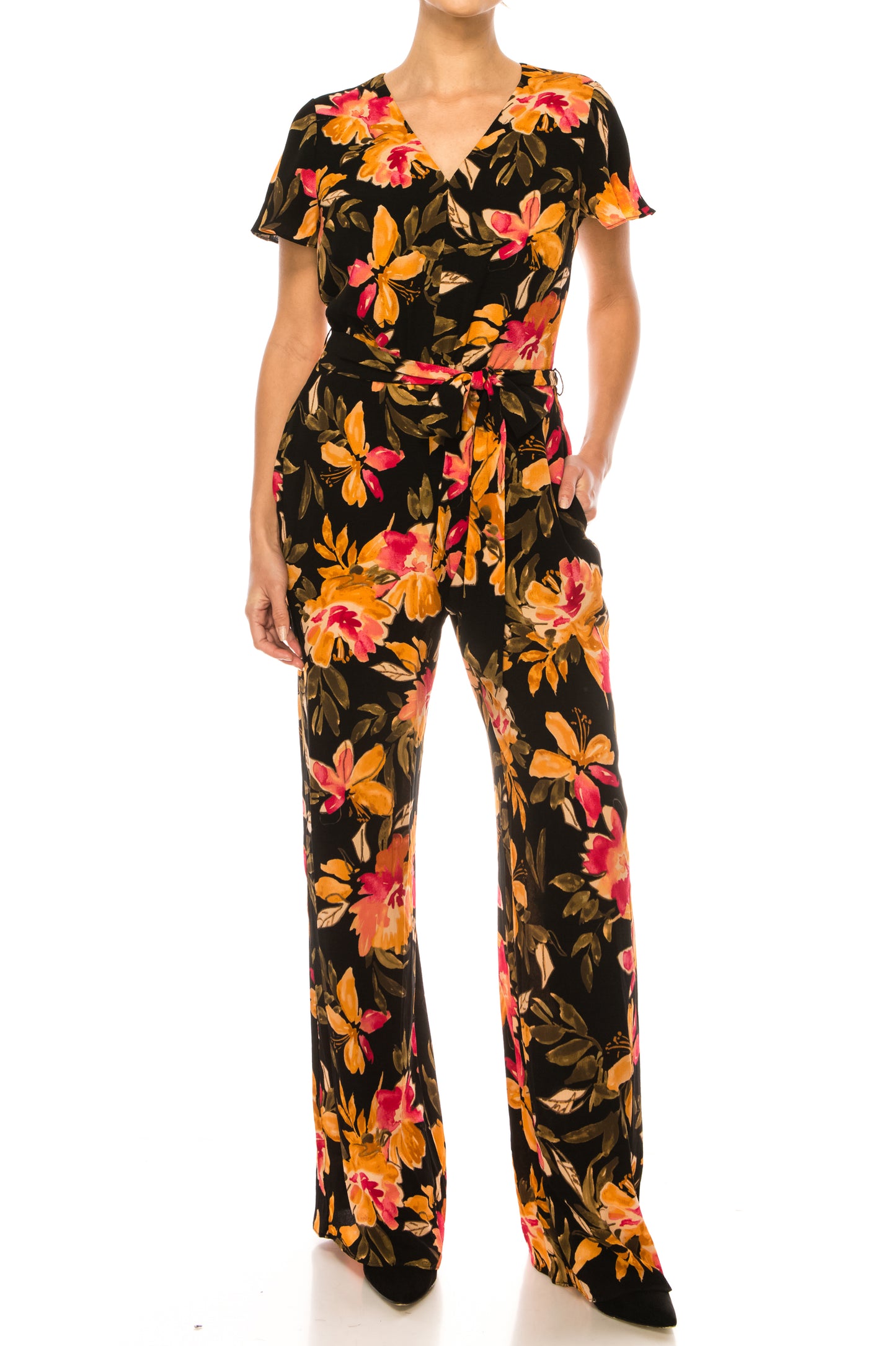 Maggy London Floral Short Flutter-Sleeve Jumpsuit