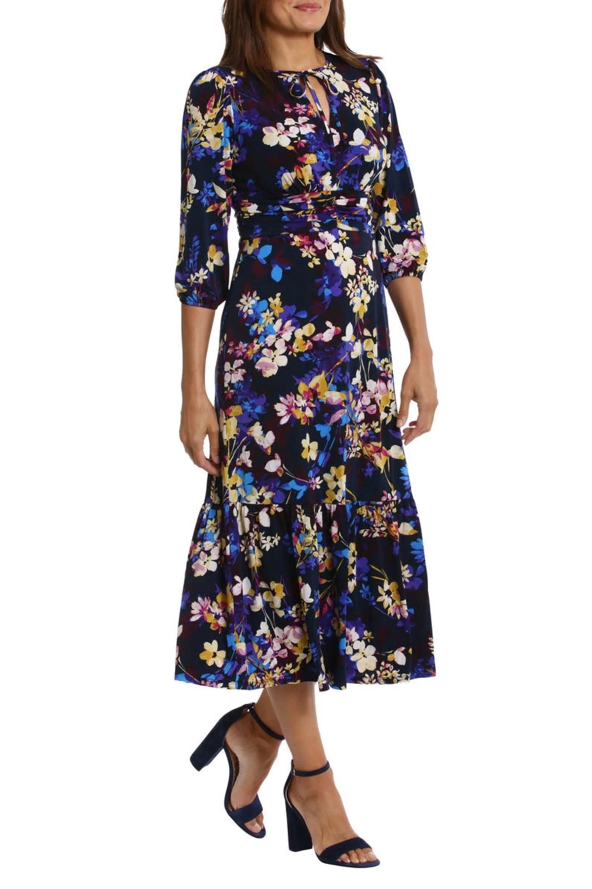 Maggy London Floral Tie-Neck Pleated Waist Dress