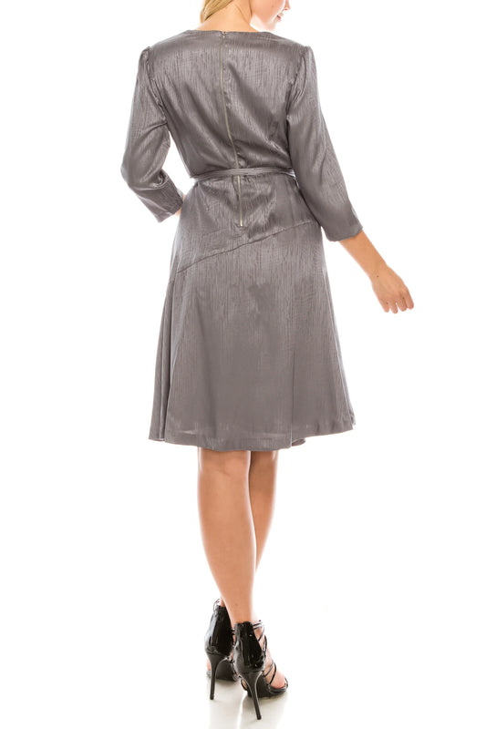 Maison Tara Gunmetal Twill Faux Wrap Dress
