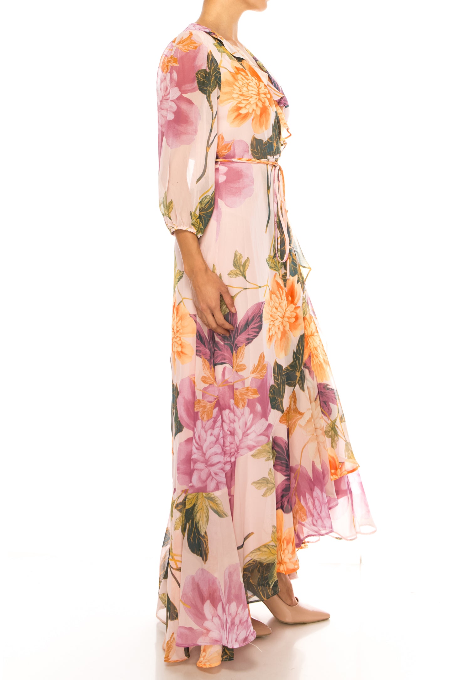 Maison Tara Floral Maxi 3/4 Sleeve High Low Dress