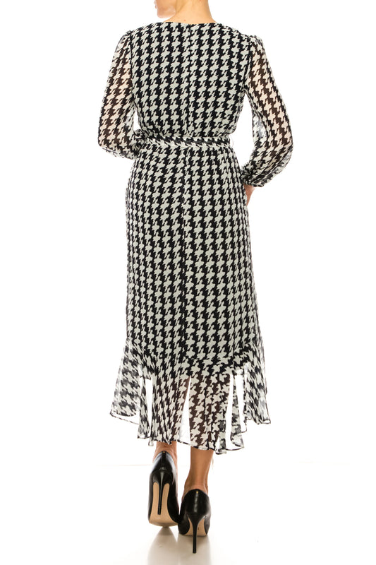 Maison Tara Houndstooth Long Sleeve Midi Dress
