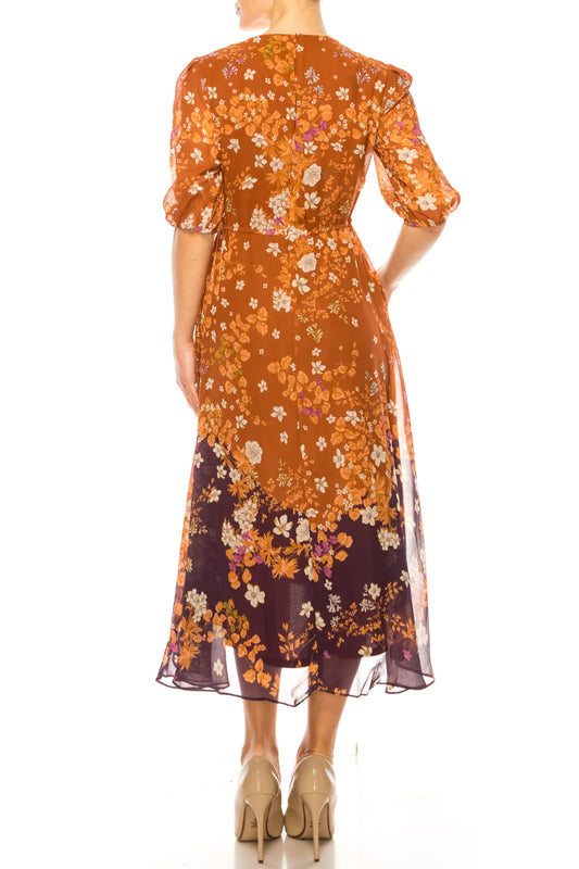 Maison Tara Floral Contrast 3/4 Sleeve Dress