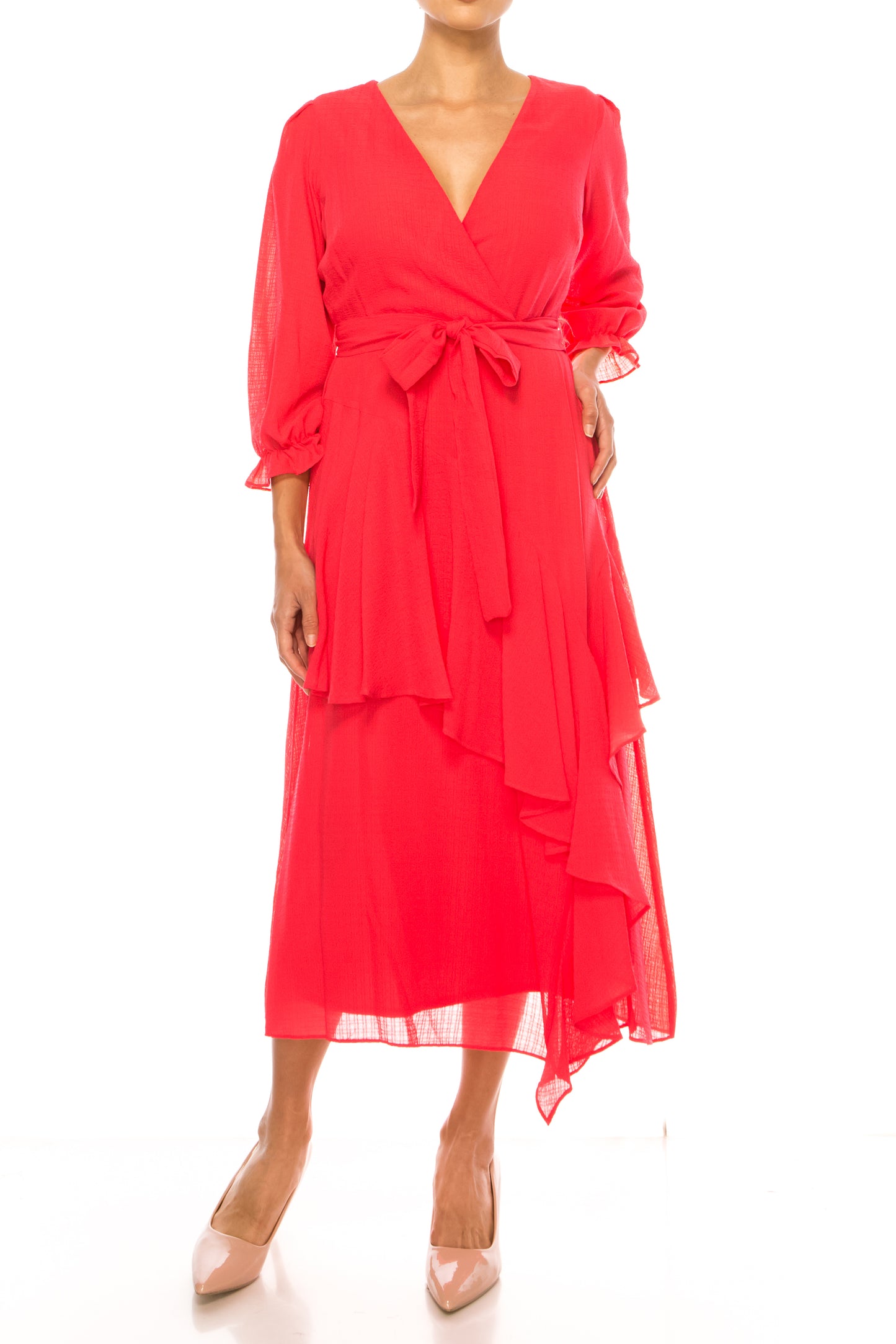 Maison Tara Belted Tiered Skirt Midi Dress